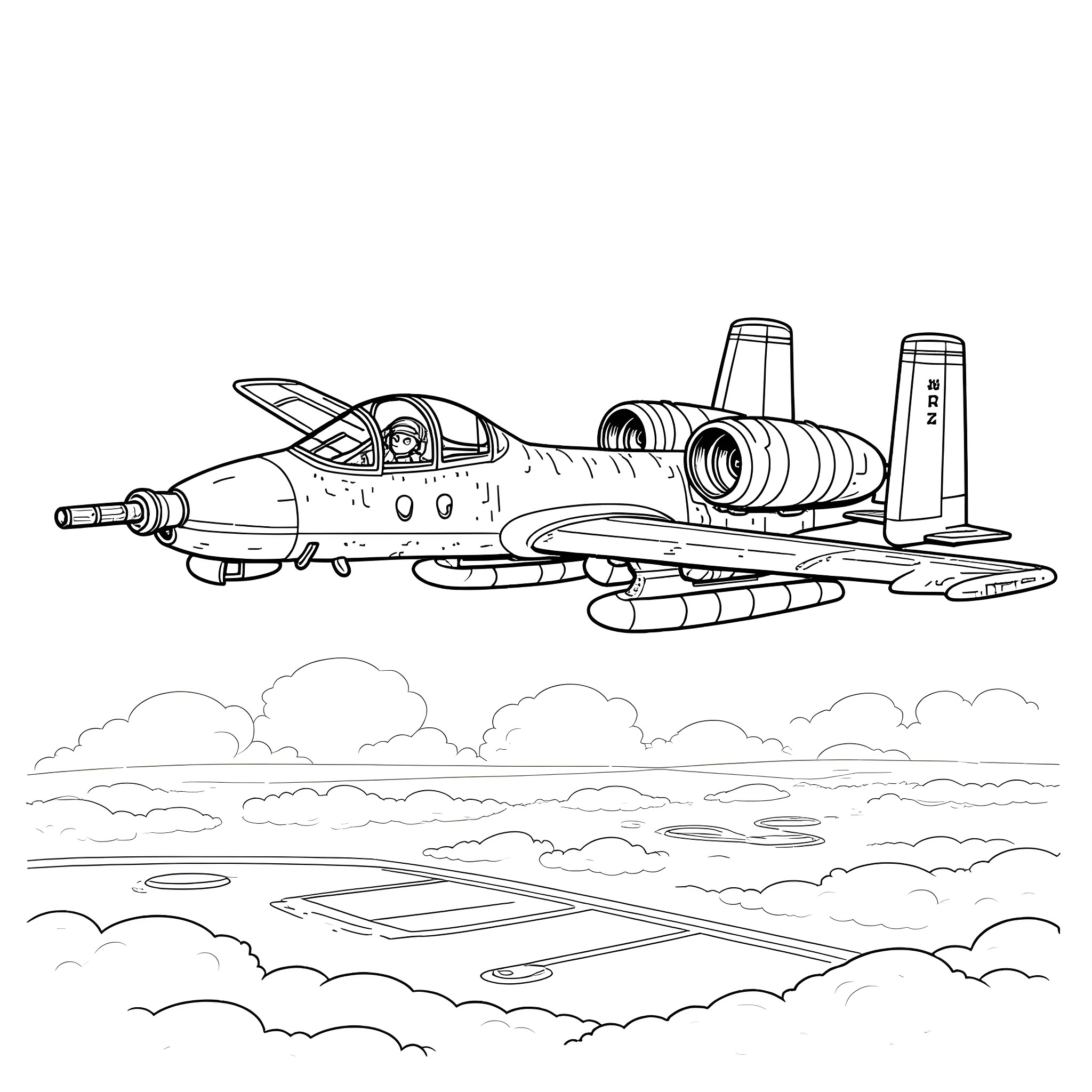A-10 Warthog in flight over clouds Coloring Page (free black-and-white line drawing printable PDF for all, from beginners to advanced learners, including children, teens, adults, and seniors)