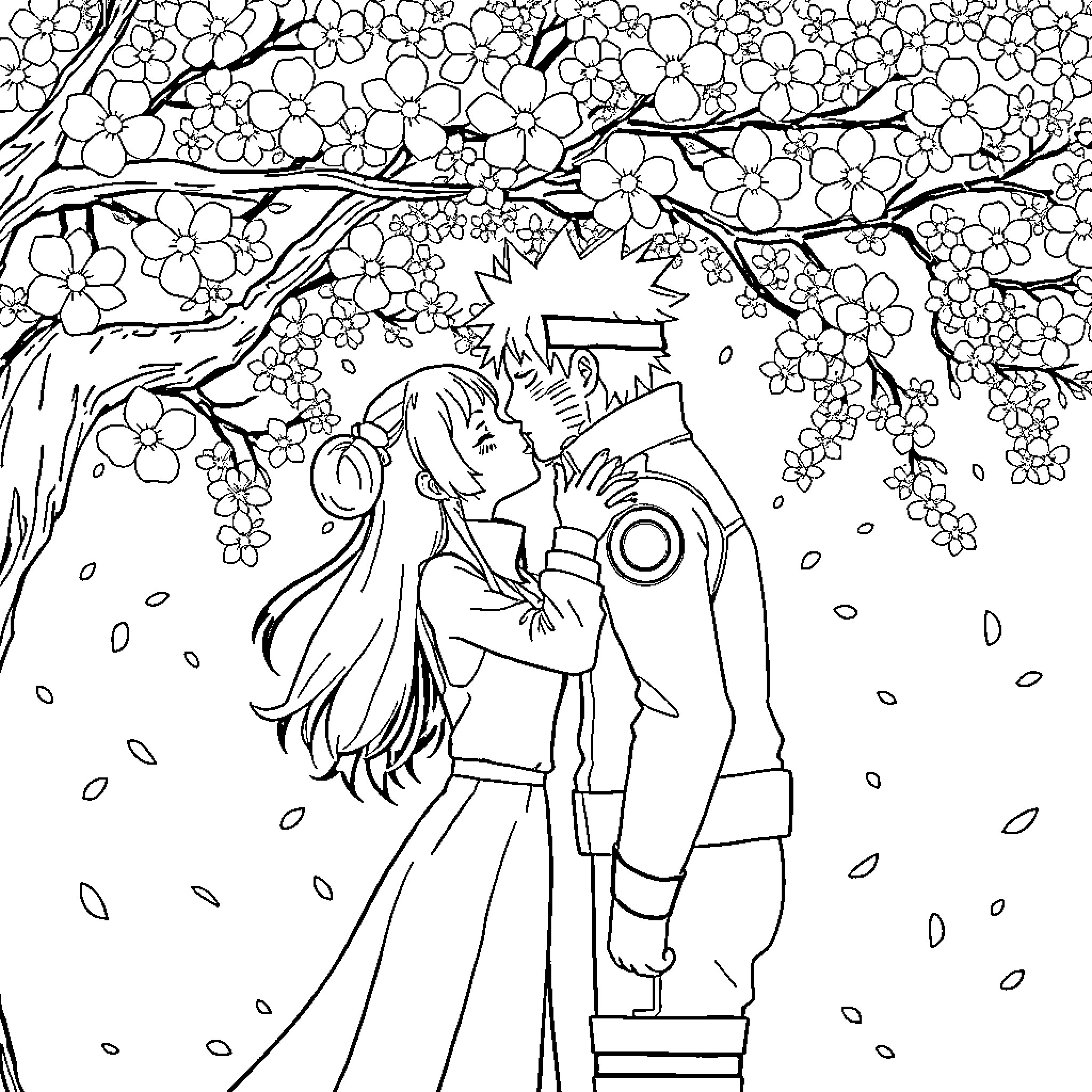 Naruto and Sakura's romantic embrace under the cherry blossoms Coloring Page (free black-and-white line drawing printable PDF for all, from beginners to advanced learners, including children, teens, adults, and seniors)