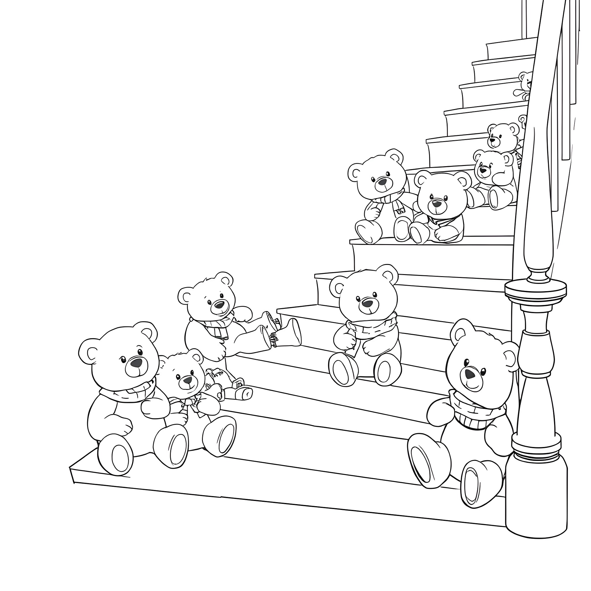 Teddy Bears Climbing Stairs Coloring Page (free black-and-white line drawing printable PDF for all, from beginners to advanced learners, including children, teens, adults, and seniors)