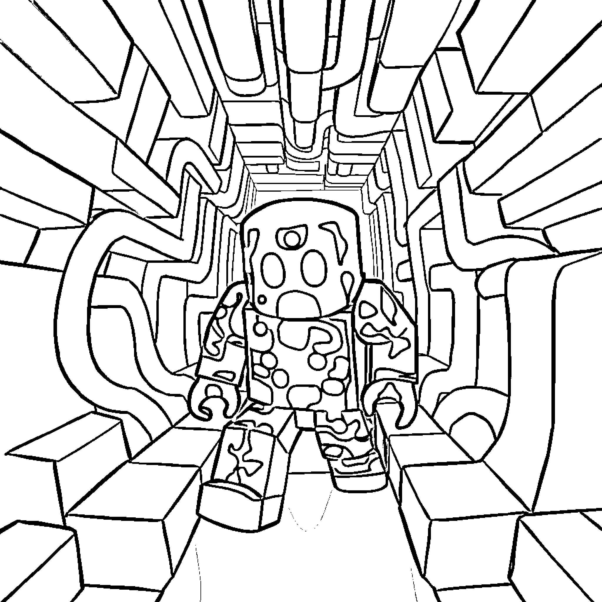 Creeper traversing through abstract tunnel Coloring Page (free black-and-white line drawing printable PDF for all, from beginners to advanced learners, including children, teens, adults, and seniors)