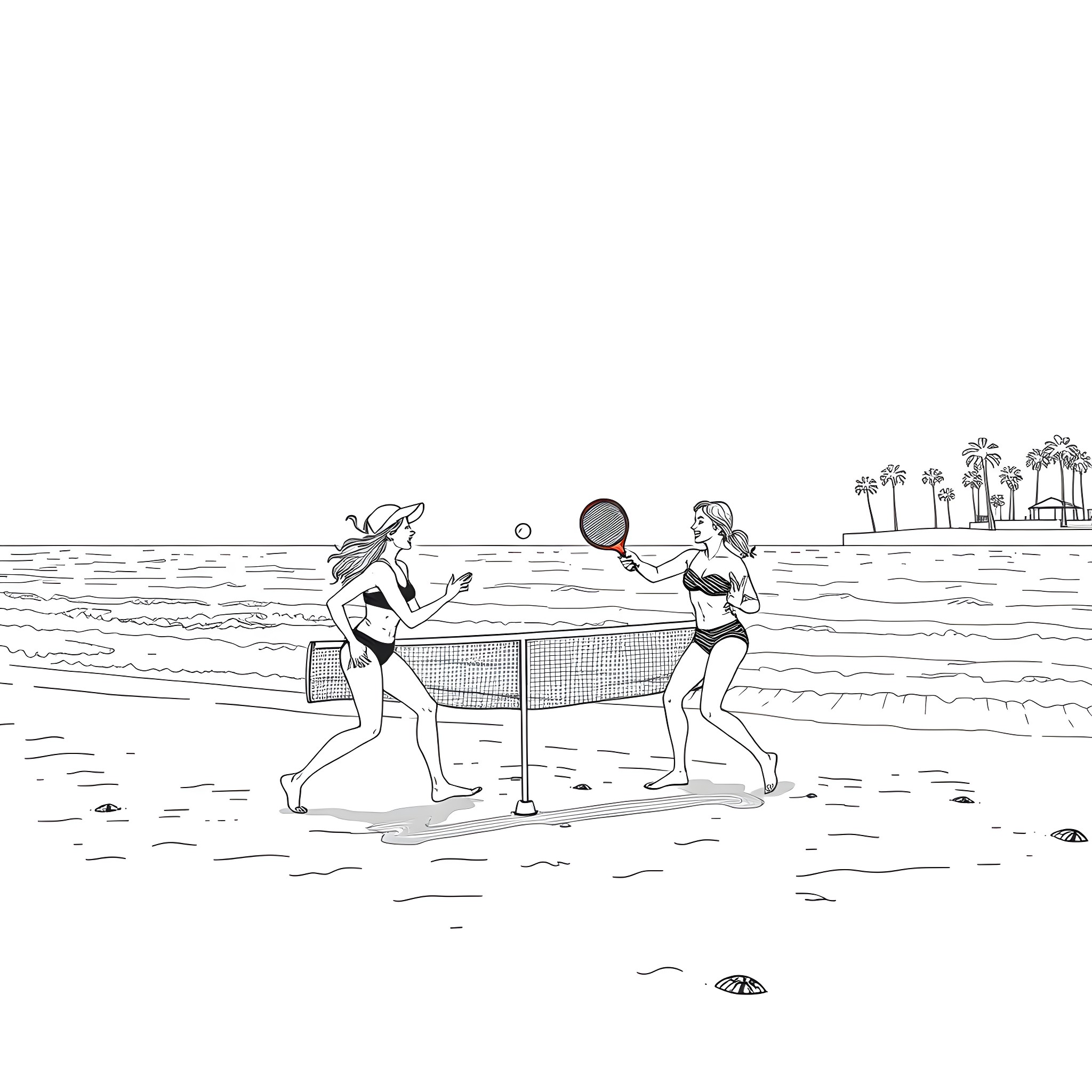 People playing beach tennis together Coloring Page (free black-and-white line drawing printable PDF for all, from beginners to advanced learners, including children, teens, adults, and seniors)