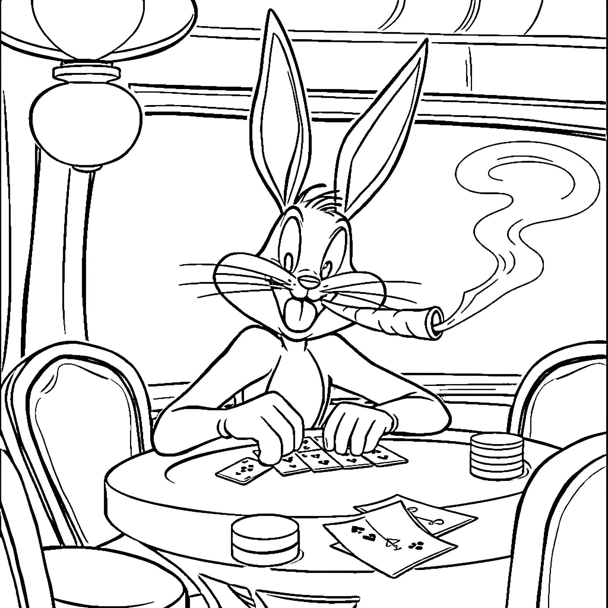 Bugs Bunny playing cards and smoking a cigar Coloring Page (free black-and-white line drawing printable PDF for all, from beginners to advanced learners, including children, teens, adults, and seniors)
