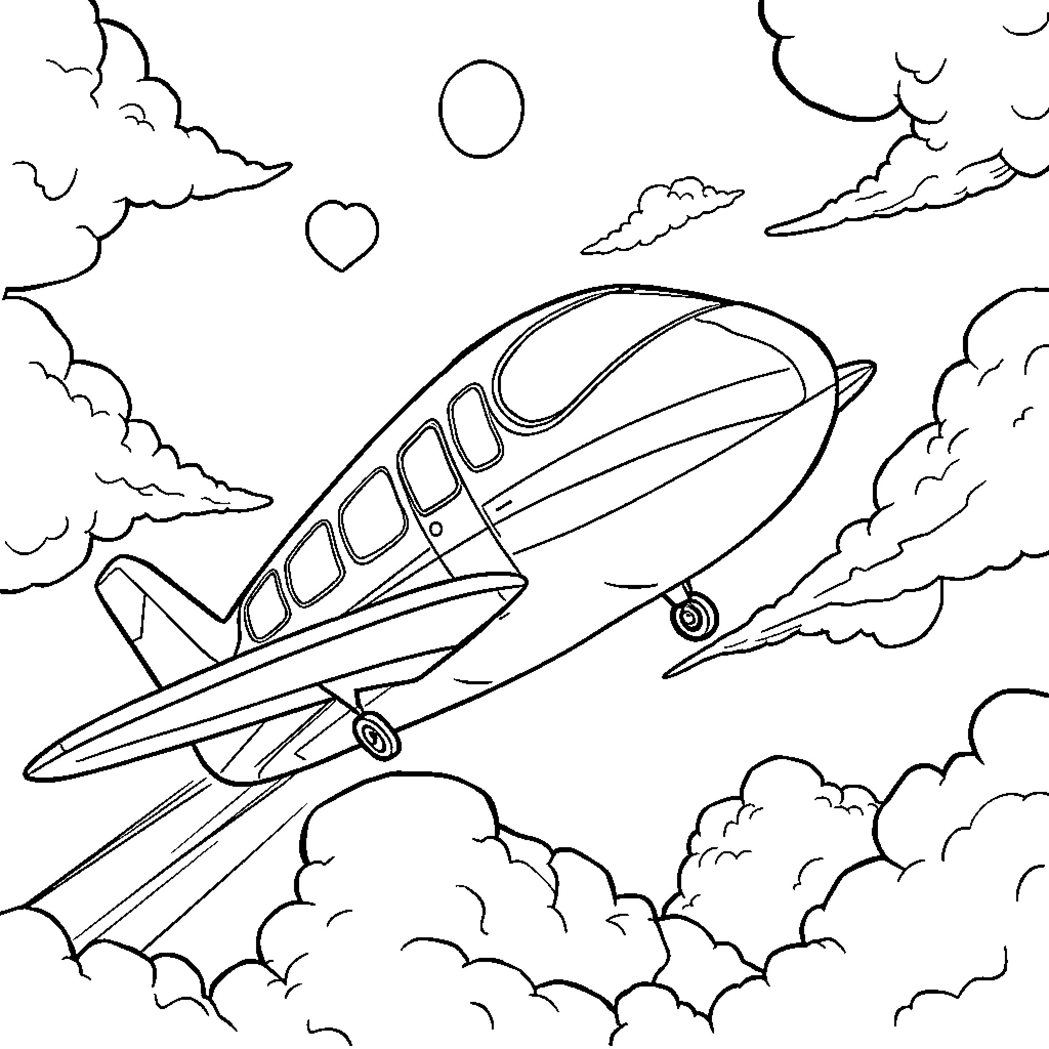 Flying Bus in Cloudy Sky Coloring Page (free black-and-white line drawing printable PDF for all, from beginners to advanced learners, including children, teens, adults, and seniors)