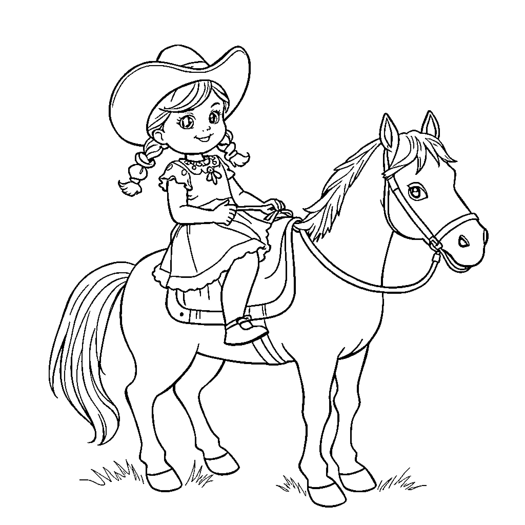 Girl riding horse in countryside Coloring Page (free black-and-white line drawing printable PDF for all, from beginners to advanced learners, including children, teens, adults, and seniors)