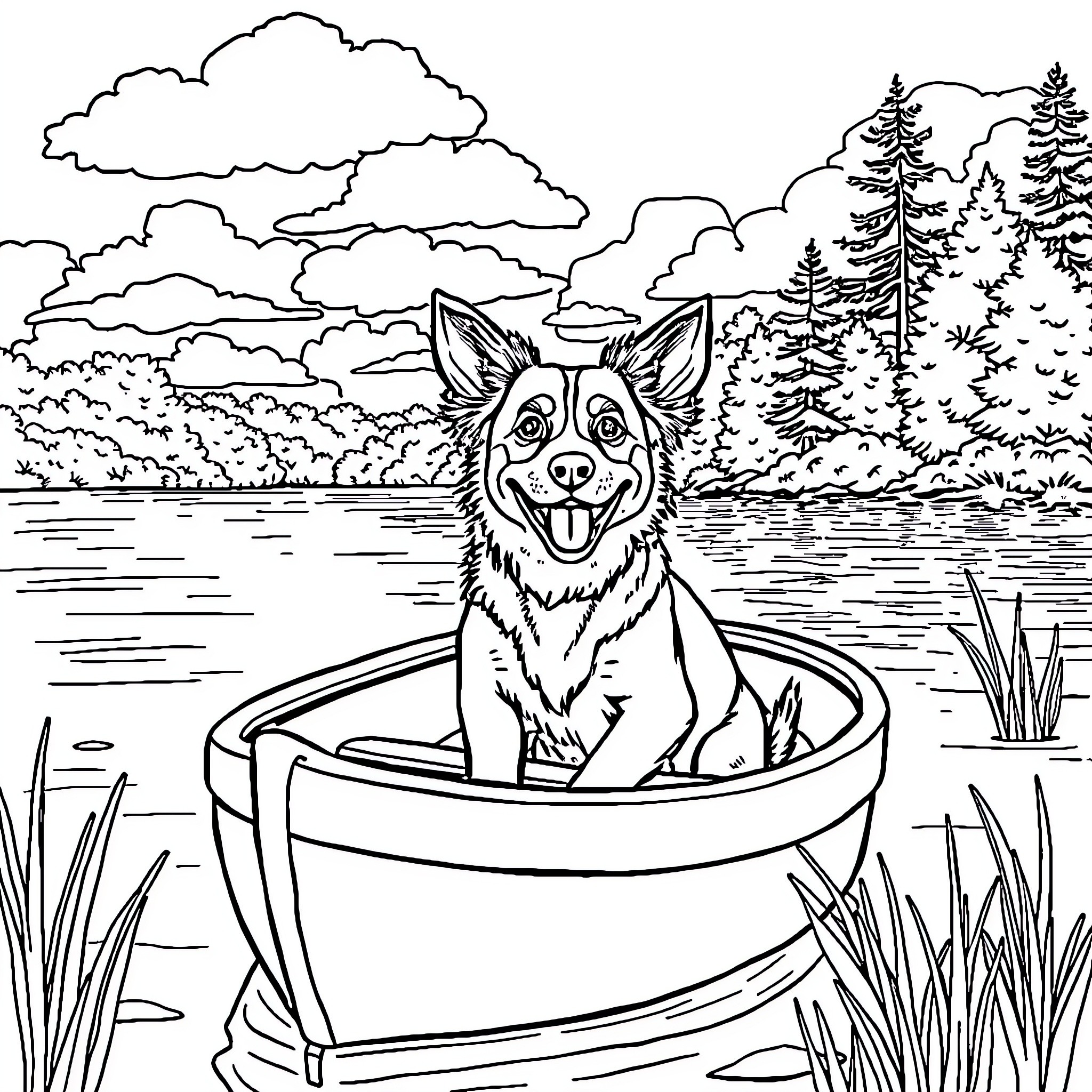 Dog enjoying a boat ride on the lake Coloring Page (free black-and-white line drawing printable PDF for all, from beginners to advanced learners, including children, teens, adults, and seniors)