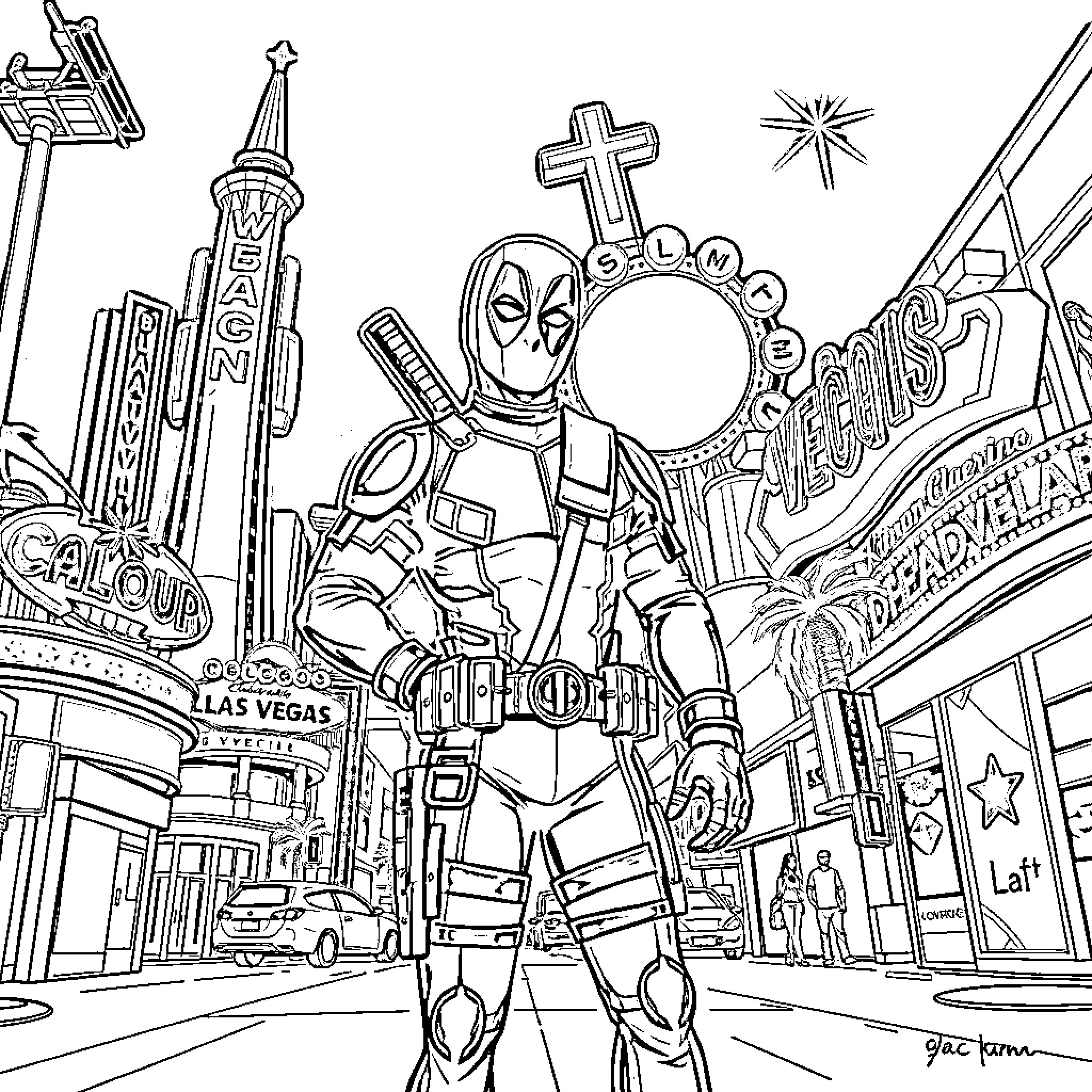 Kuromi exploring the dazzling city lights Coloring Page (free black-and-white line drawing printable PDF for all, from beginners to advanced learners, including children, teens, adults, and seniors)