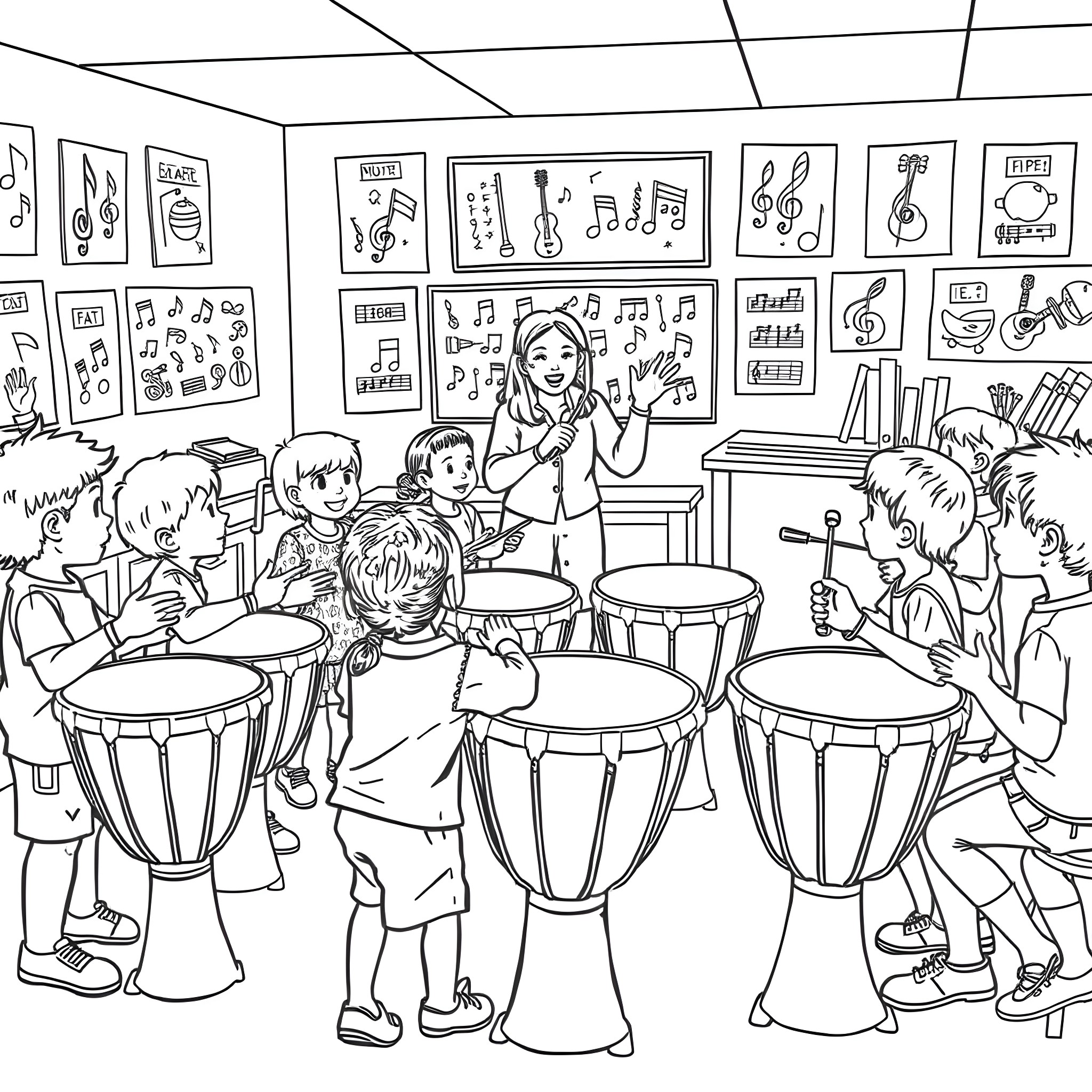 Kids learning to play drums and music in class Coloring Page (free black-and-white line drawing printable PDF for all, from beginners to advanced learners, including children, teens, adults, and seniors)