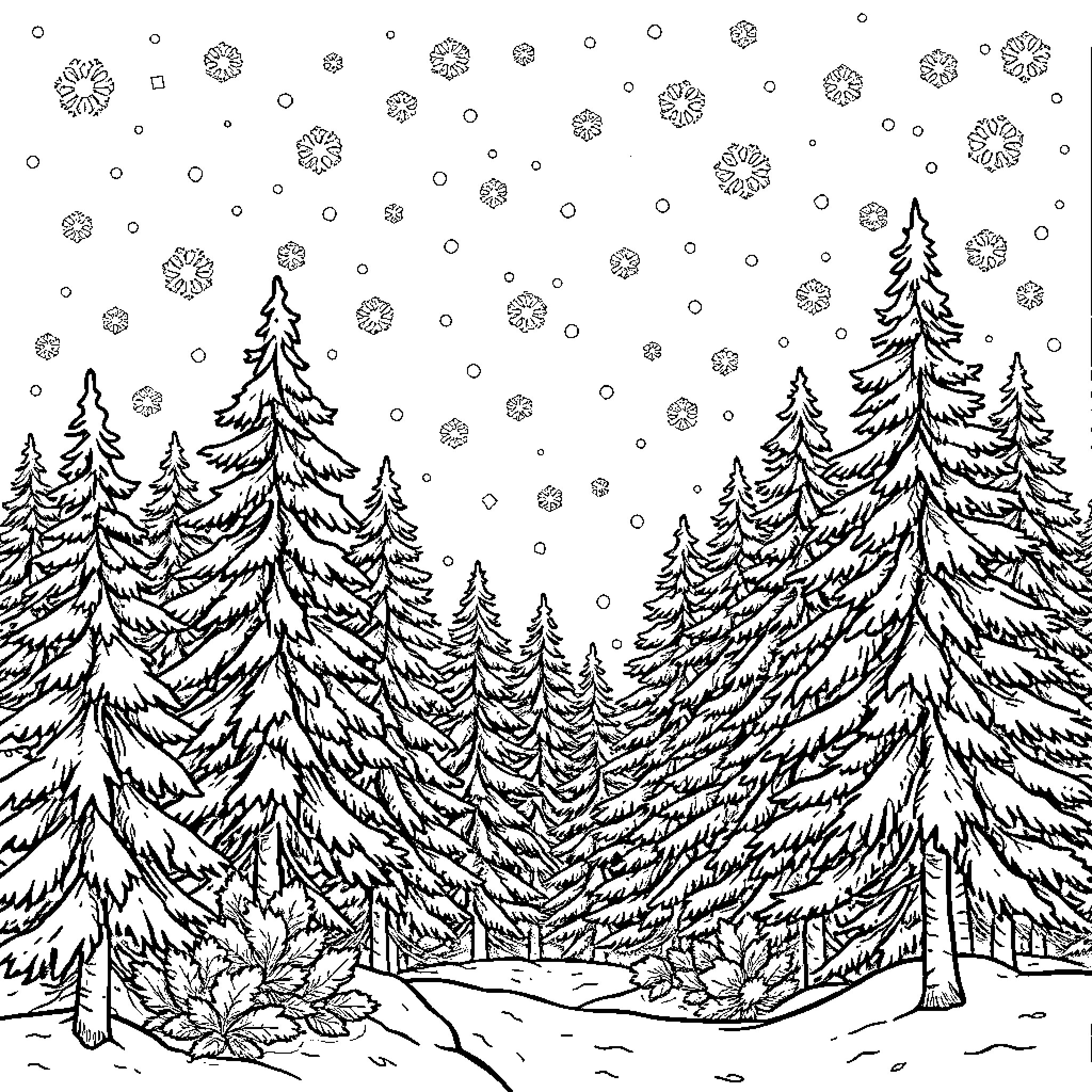 Winter Wonderland with Snowy Evergreen Trees Coloring Page (free black-and-white line drawing printable PDF for all, from beginners to advanced learners, including children, teens, adults, and seniors)