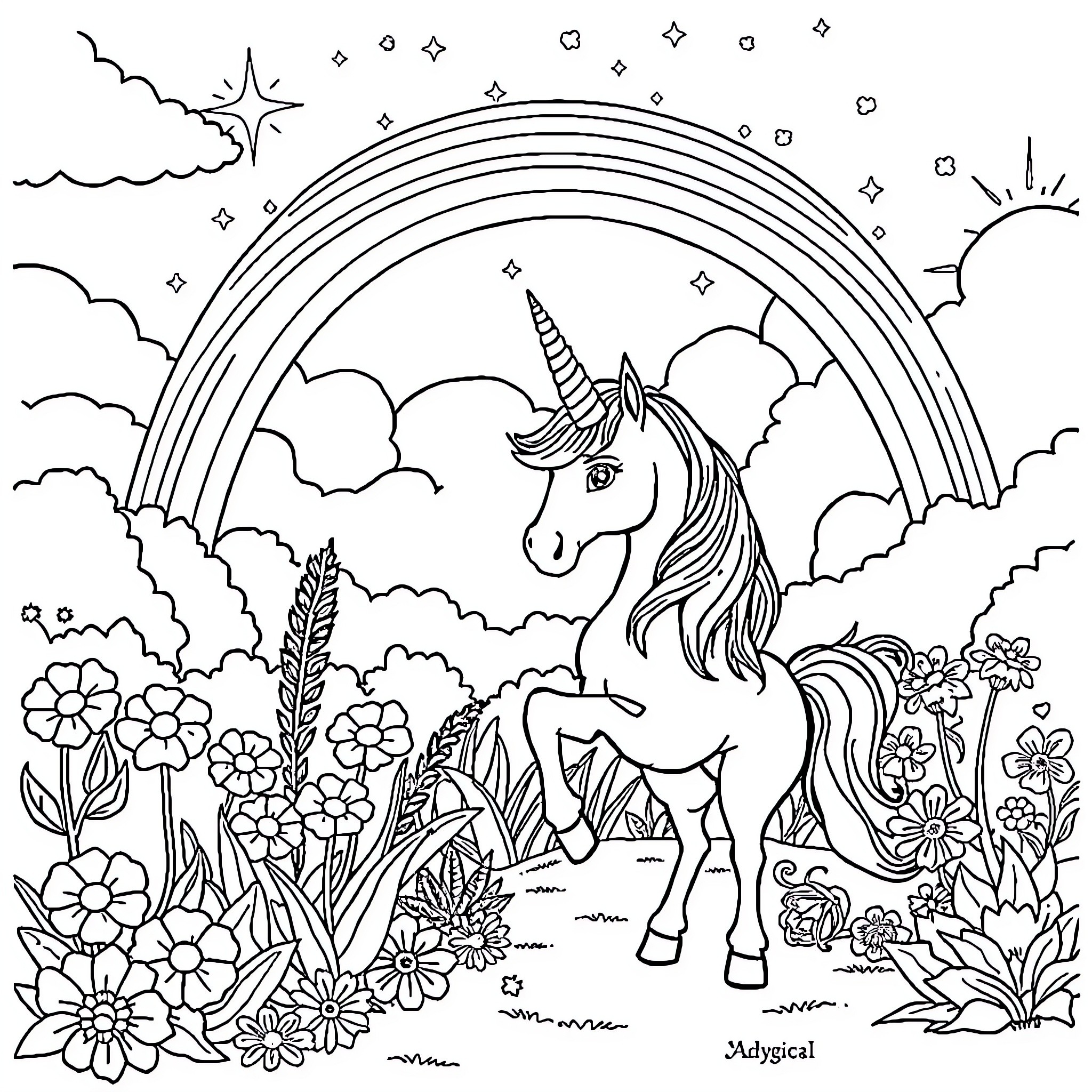 Unicorn standing in a magical flower garden Coloring Page (free black-and-white line drawing printable PDF for all, from beginners to advanced learners, including children, teens, adults, and seniors)