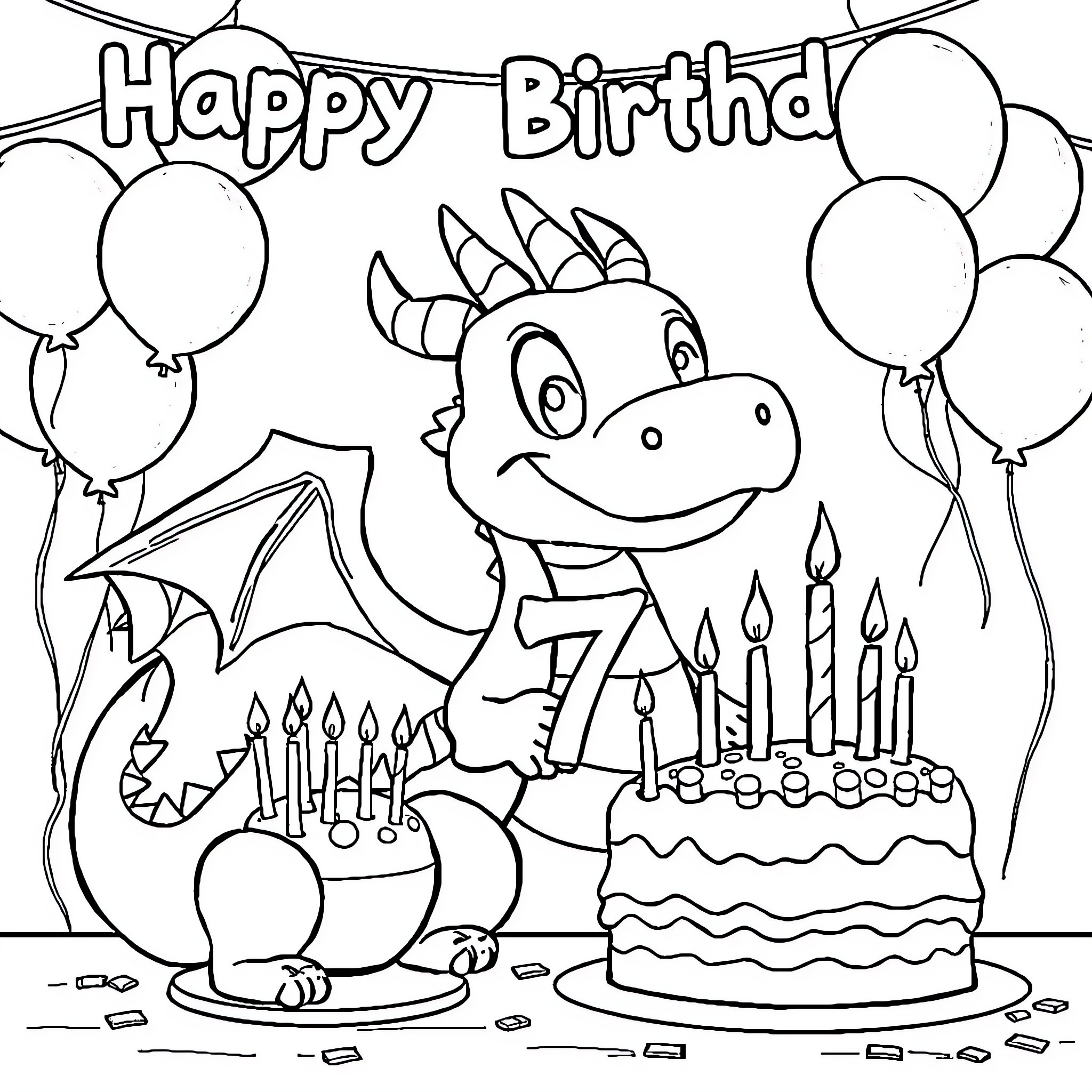 Dragon celebrating birthday with cake and balloons Coloring Page (free black-and-white line drawing printable PDF for all, from beginners to advanced learners, including children, teens, adults, and seniors)