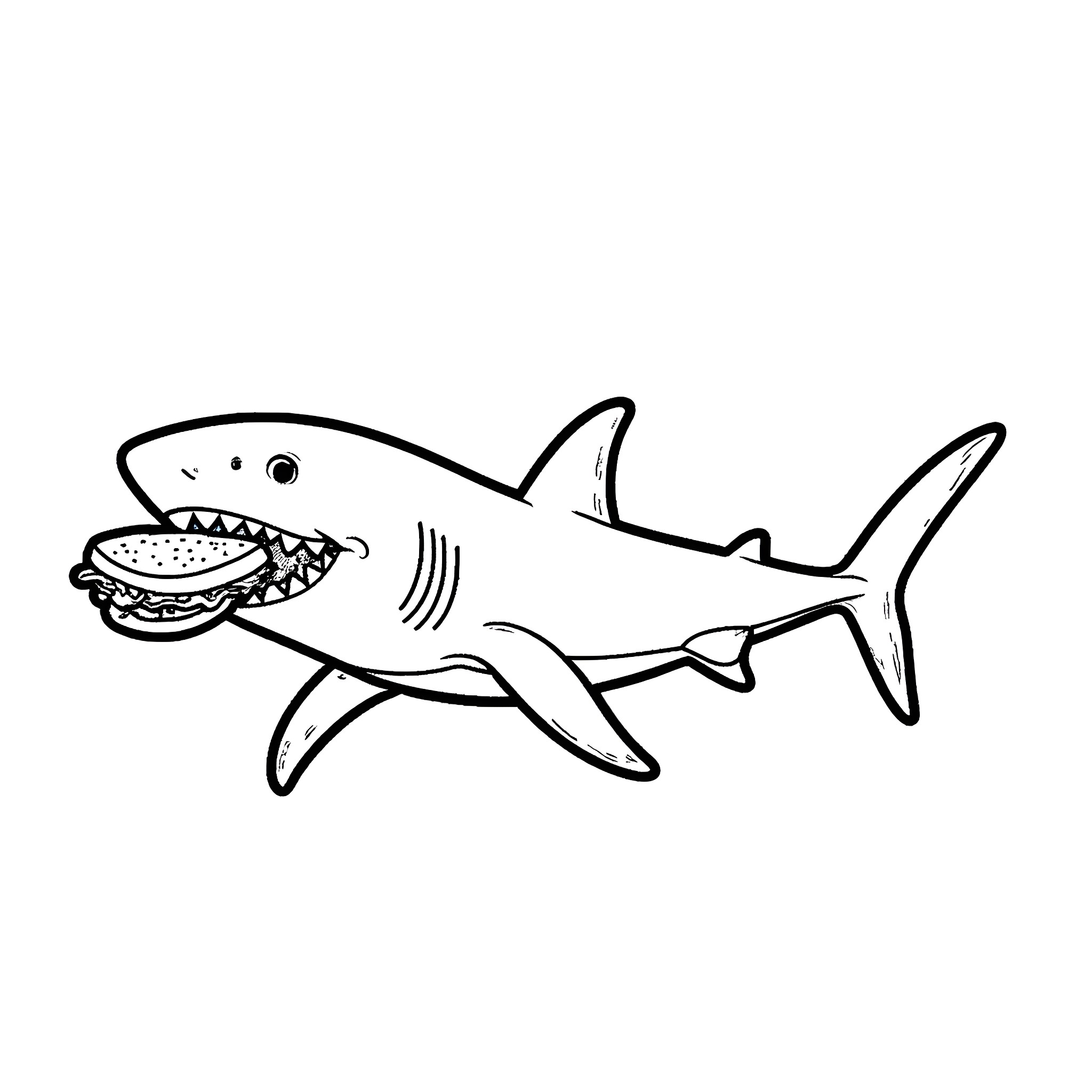 Shark devouring a burger with sharp teeth Coloring Page (free black-and-white line drawing printable PDF for all, from beginners to advanced learners, including children, teens, adults, and seniors)