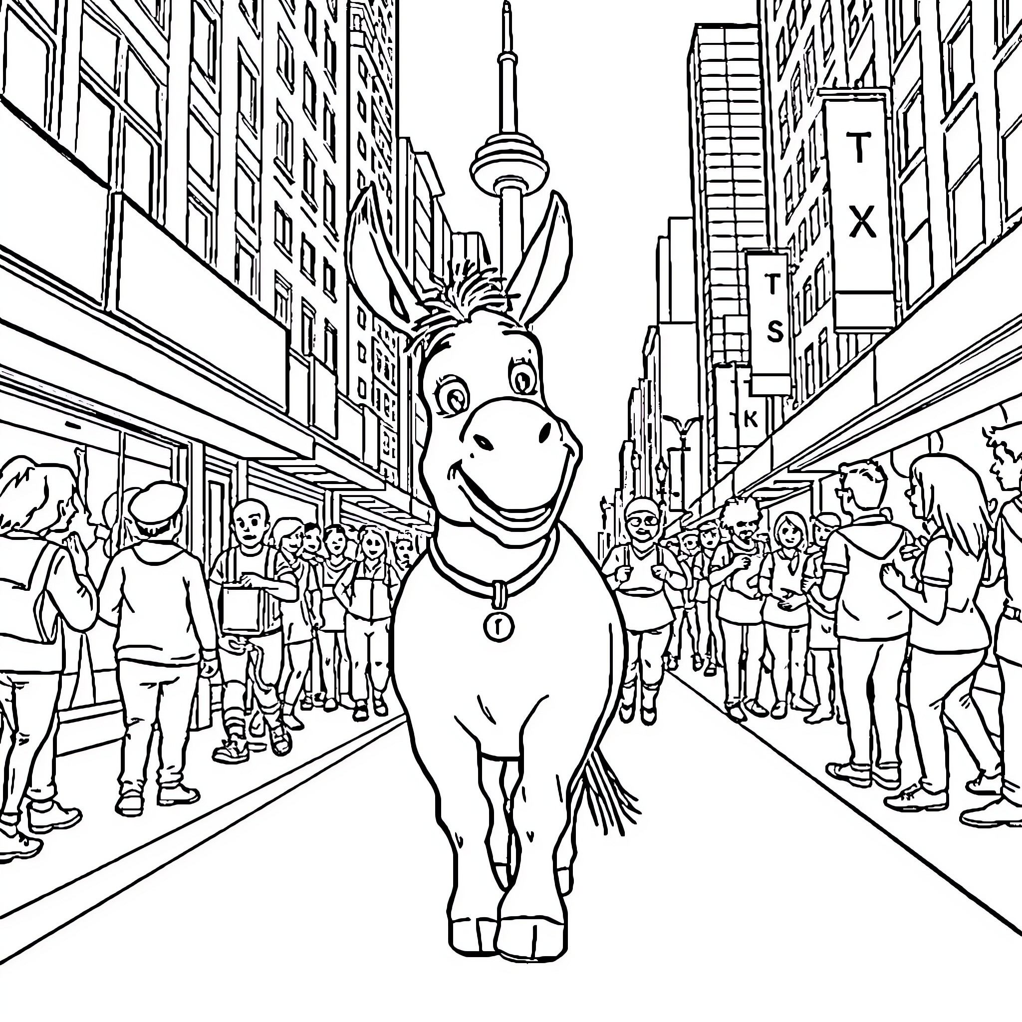 Donkey exploring the busy city streets Coloring Page (free black-and-white line drawing printable PDF for all, from beginners to advanced learners, including children, teens, adults, and seniors)