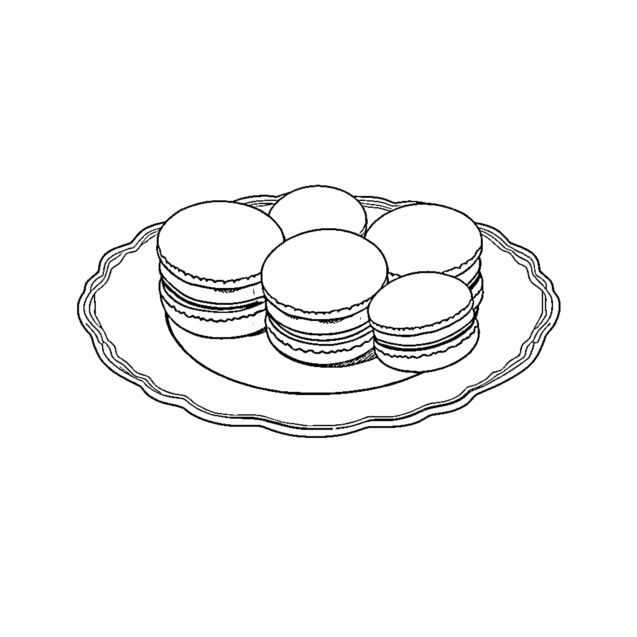 Macaroons artfully arranged on a platter Coloring Page (free black-and-white line drawing printable PDF for all, from beginners to advanced learners, including children, teens, adults, and seniors)