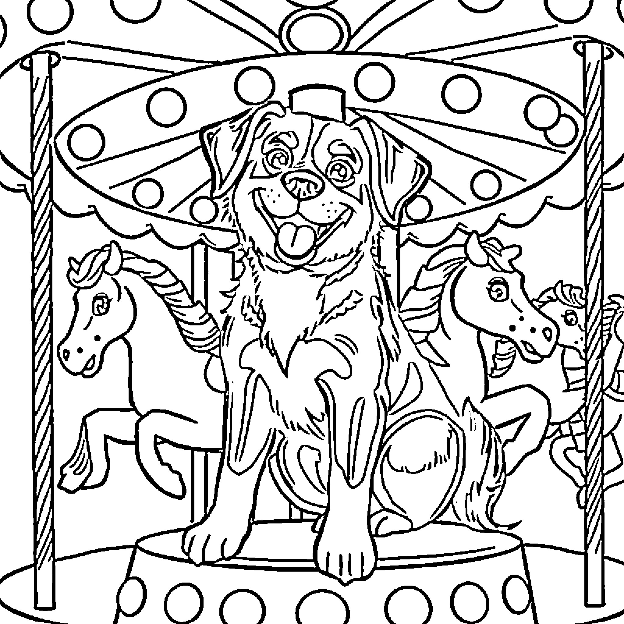 Dog enjoying a merry-go-round ride with animals Coloring Page (free black-and-white line drawing printable PDF for all, from beginners to advanced learners, including children, teens, adults, and seniors)