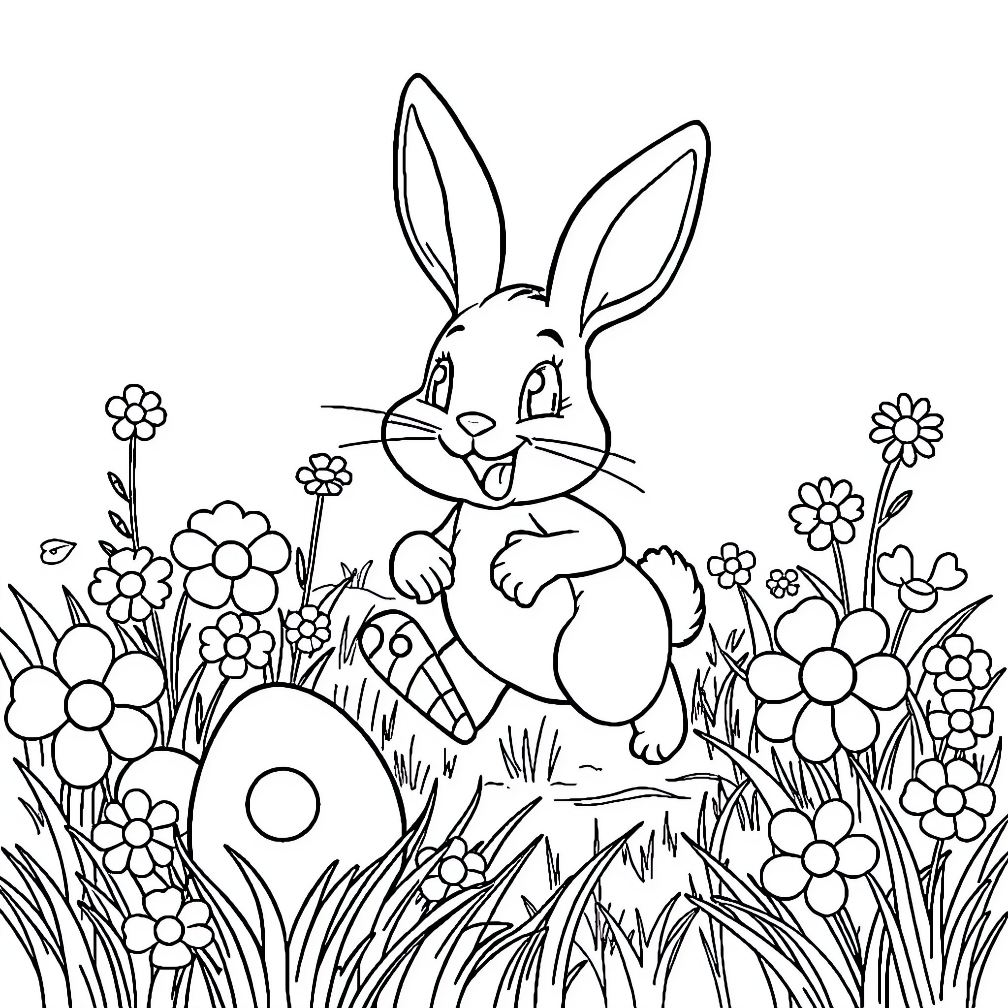 Rabbit Happily Exploring Flower Garden Coloring Page (free black-and-white line drawing printable PDF for all, from beginners to advanced learners, including children, teens, adults, and seniors)