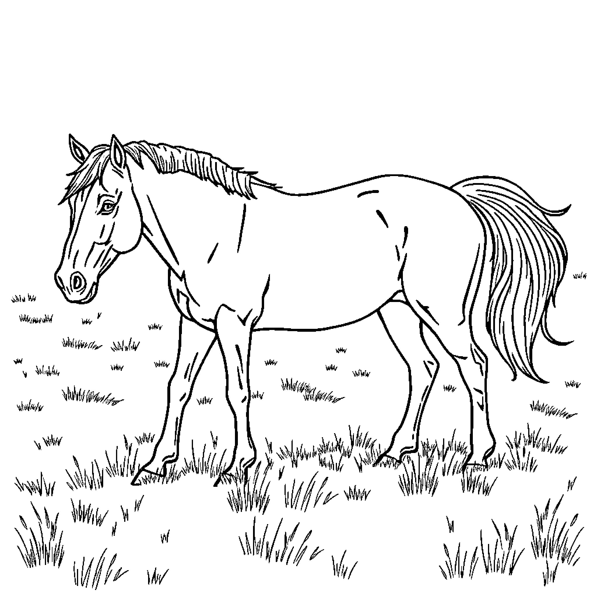 Horse grazing peacefully in a grassy field Coloring Page (free black-and-white line drawing printable PDF for all, from beginners to advanced learners, including children, teens, adults, and seniors)