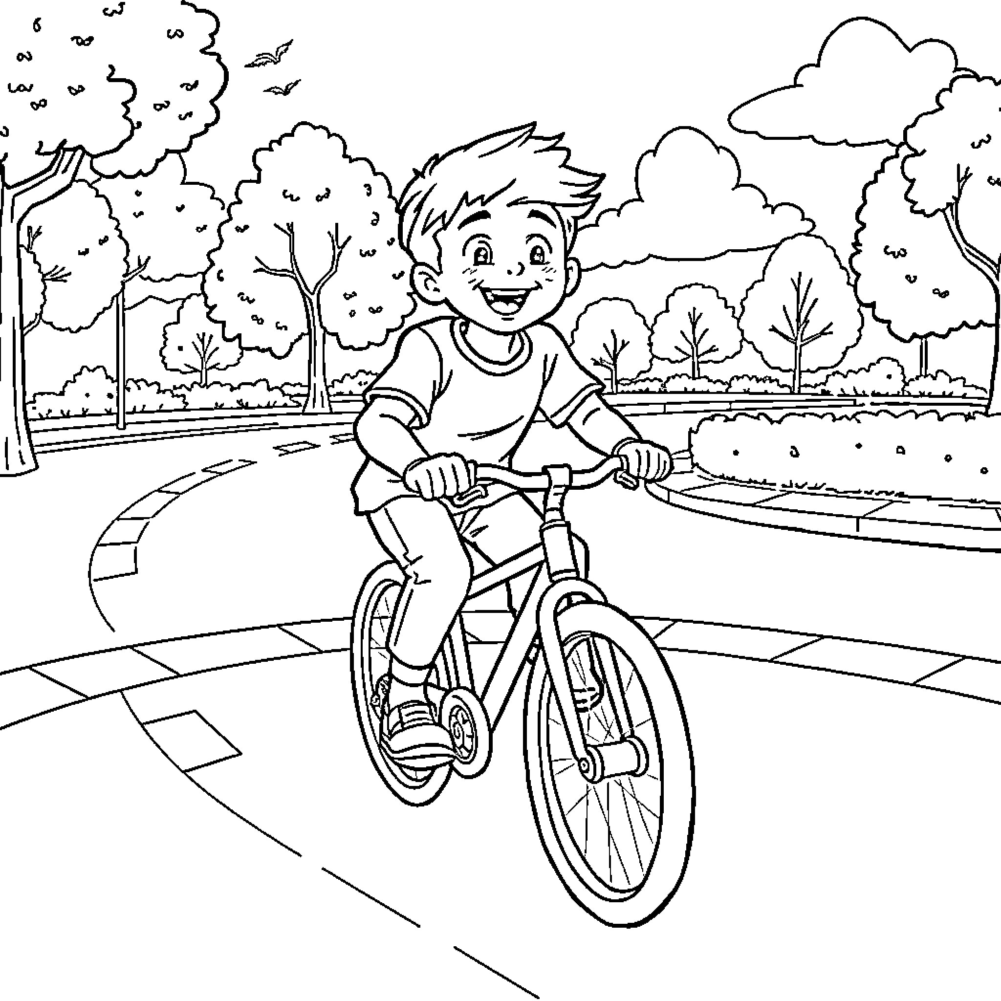 Boy riding a bicycle in a park Coloring Page (free black-and-white line drawing printable PDF for all, from beginners to advanced learners, including children, teens, adults, and seniors)