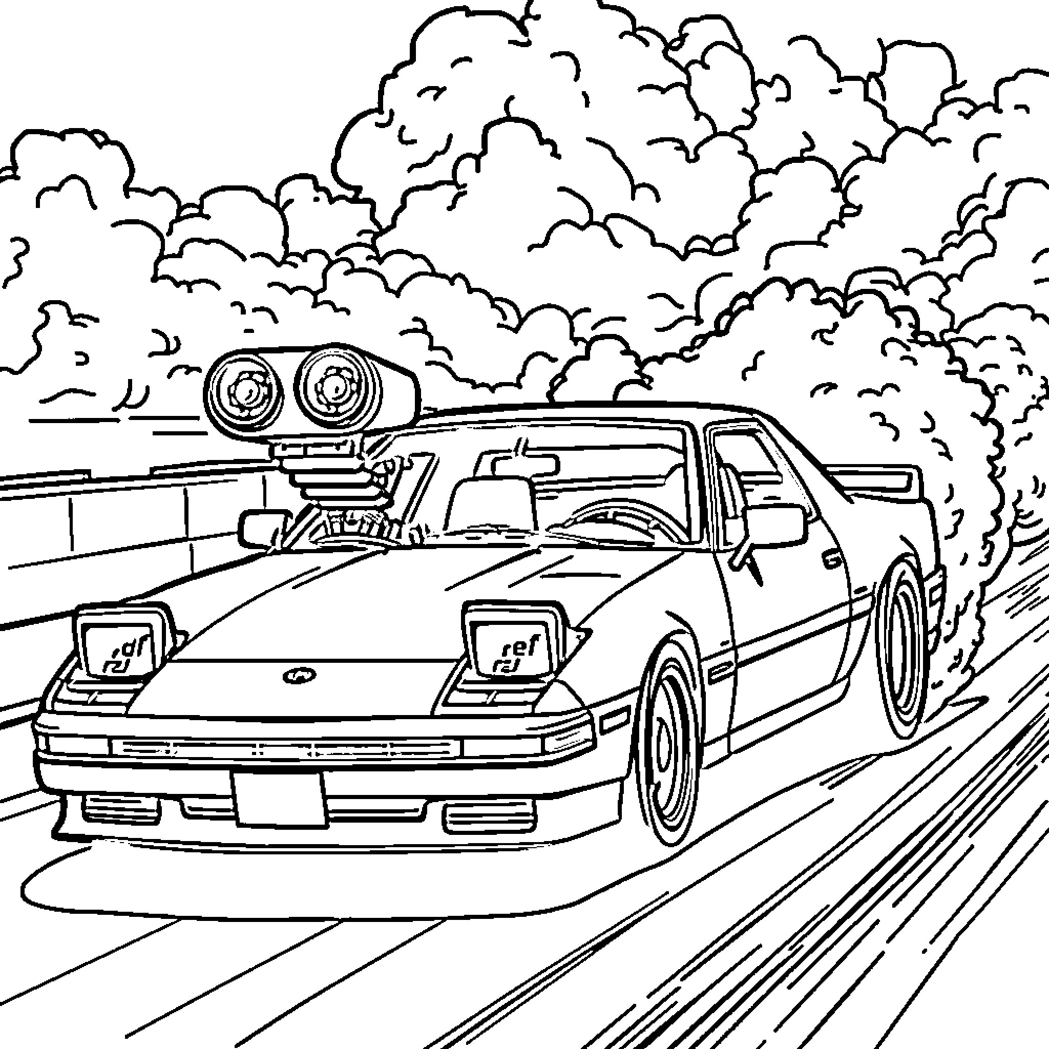Rx7 speeding through cloud of smoke on the road Coloring Page (free black-and-white line drawing printable PDF for all, from beginners to advanced learners, including children, teens, adults, and seniors)