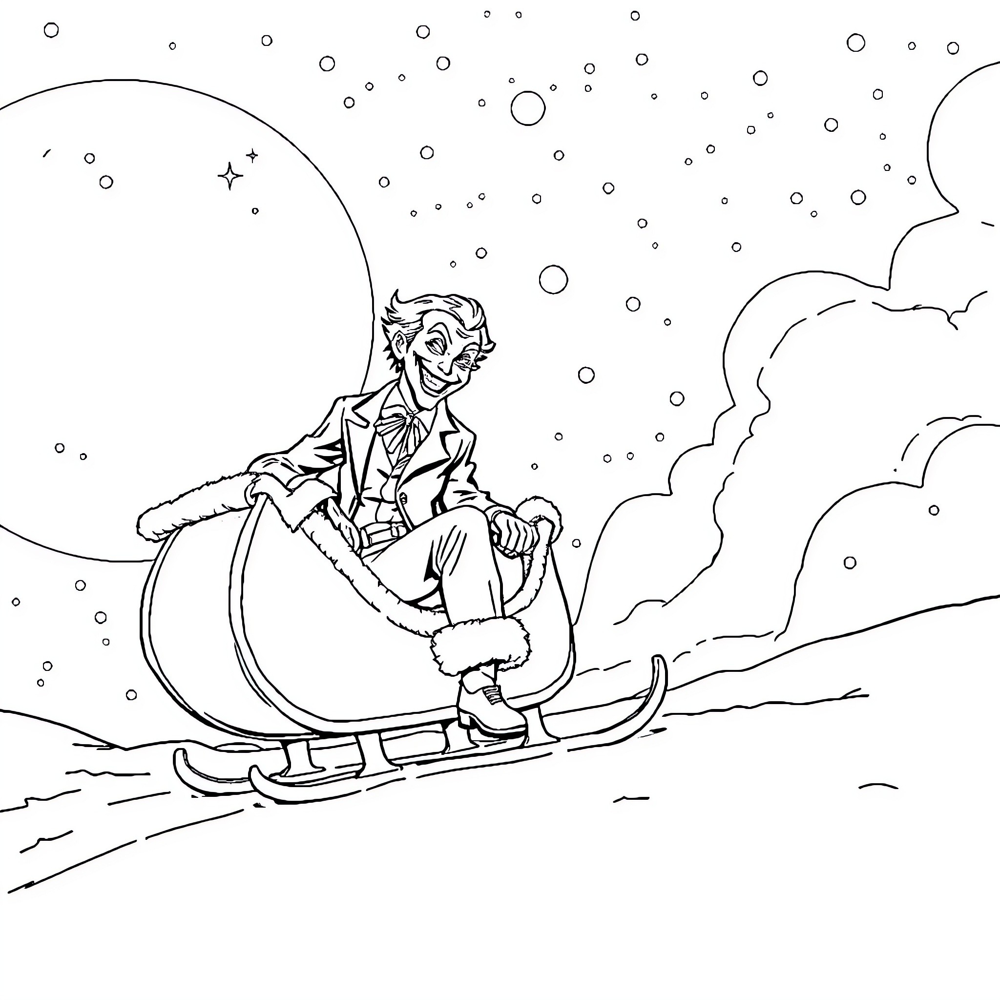 Joker enjoying a snowy sleigh ride Coloring Page (free black-and-white line drawing printable PDF for all, from beginners to advanced learners, including children, teens, adults, and seniors)