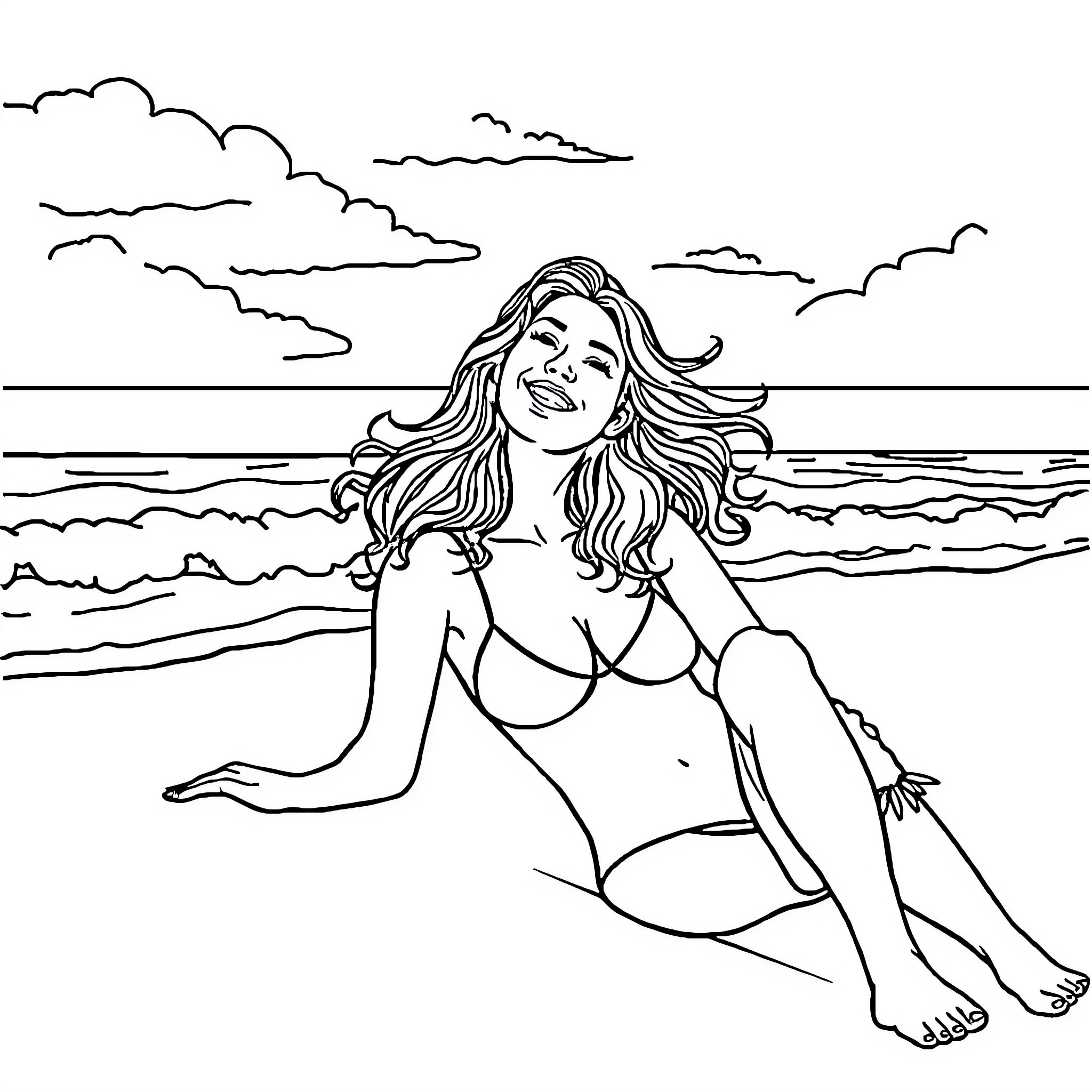 Woman enjoying the sun at the beach Coloring Page (free black-and-white line drawing printable PDF for all, from beginners to advanced learners, including children, teens, adults, and seniors)