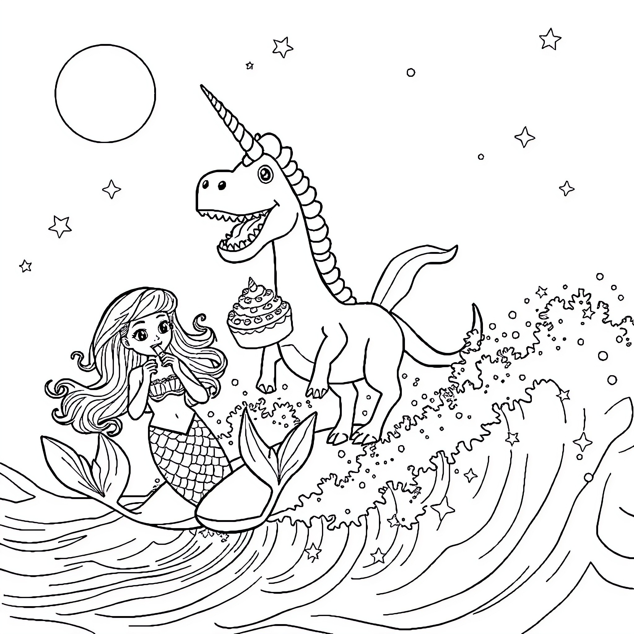 Mermaid riding a magical unicorn in the ocean Coloring Page (free black-and-white line drawing printable PDF for all, from beginners to advanced learners, including children, teens, adults, and seniors)