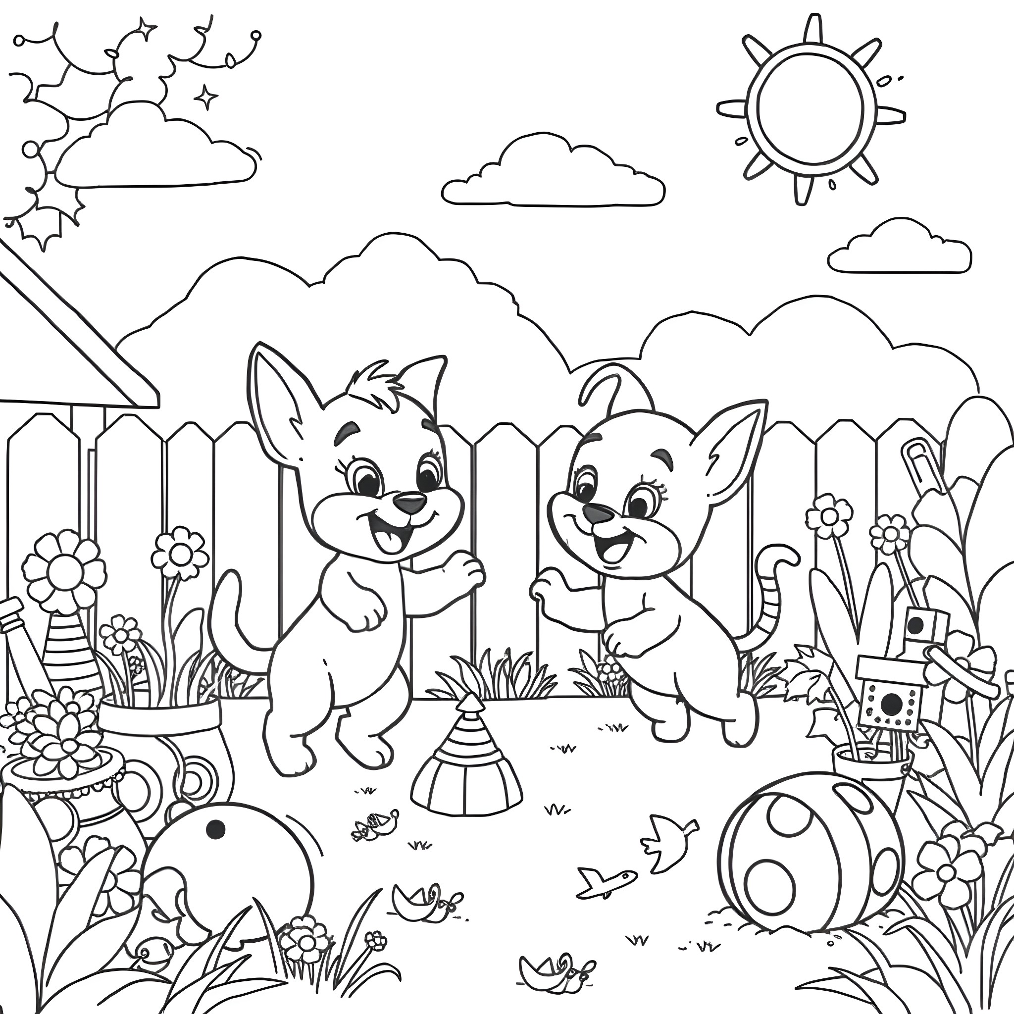 Bluey and Bingo playing happily in the yard Coloring Page (free black-and-white line drawing printable PDF for all, from beginners to advanced learners, including children, teens, adults, and seniors)