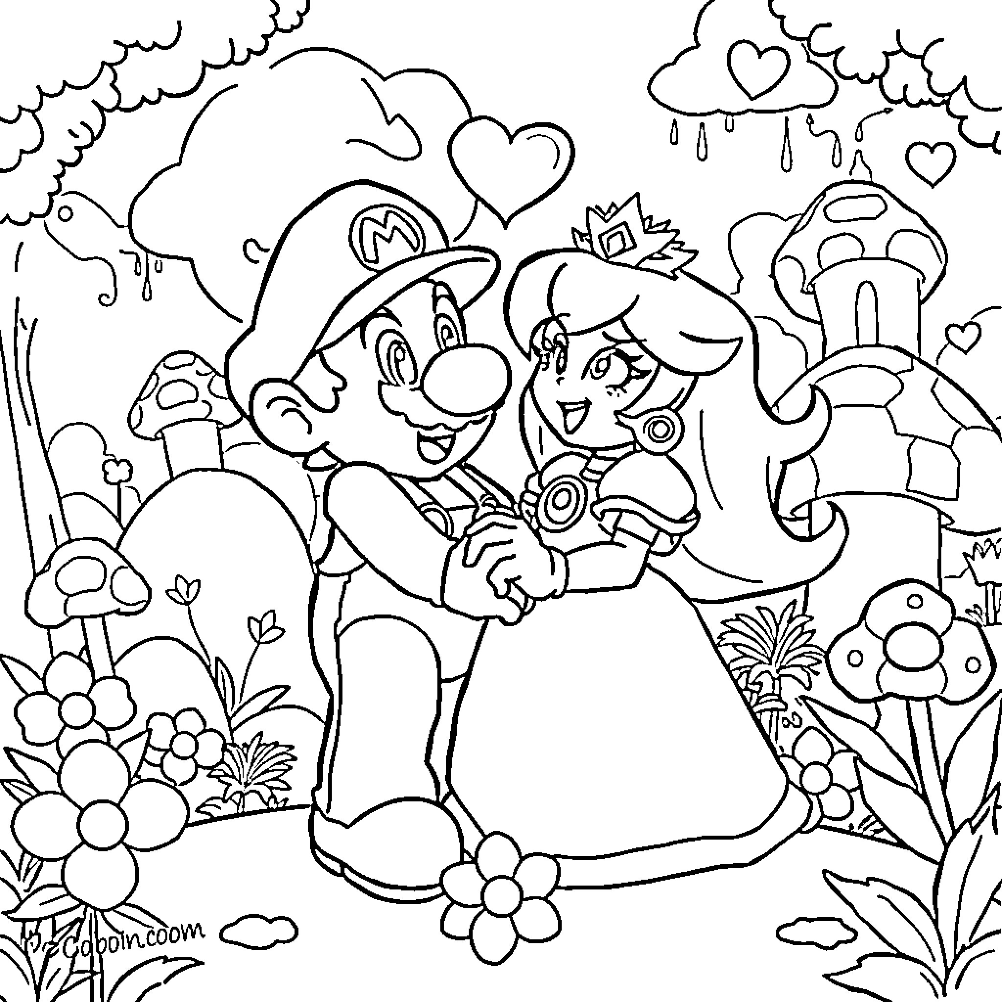 Super Mario and Princess in a Whimsical Mushroom Kingdom Coloring Page (free black-and-white line drawing printable PDF for all, from beginners to advanced learners, including children, teens, adults, and seniors)
