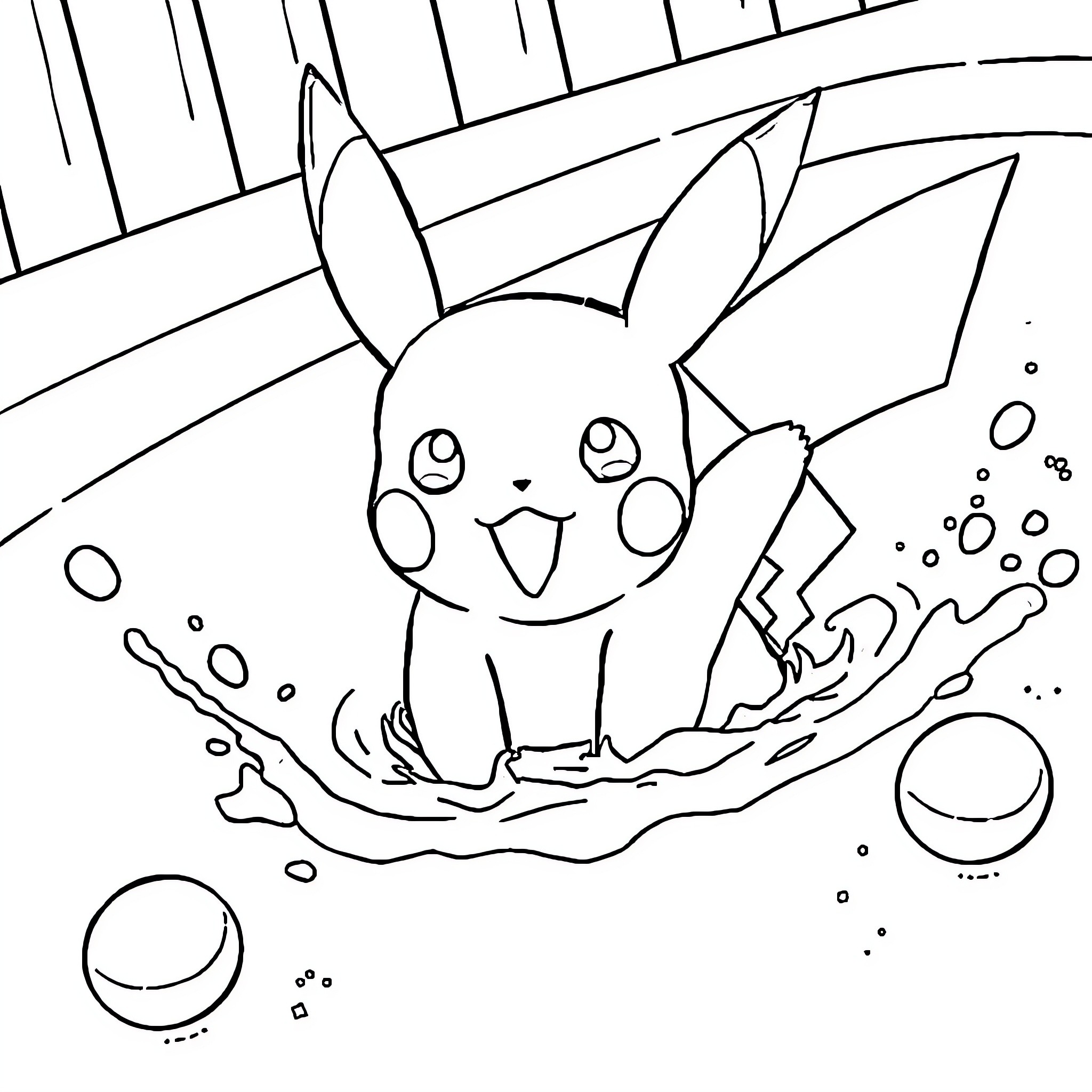 Pikachu splashing in water with bubbles Coloring Page (free black-and-white line drawing printable PDF for all, from beginners to advanced learners, including children, teens, adults, and seniors)