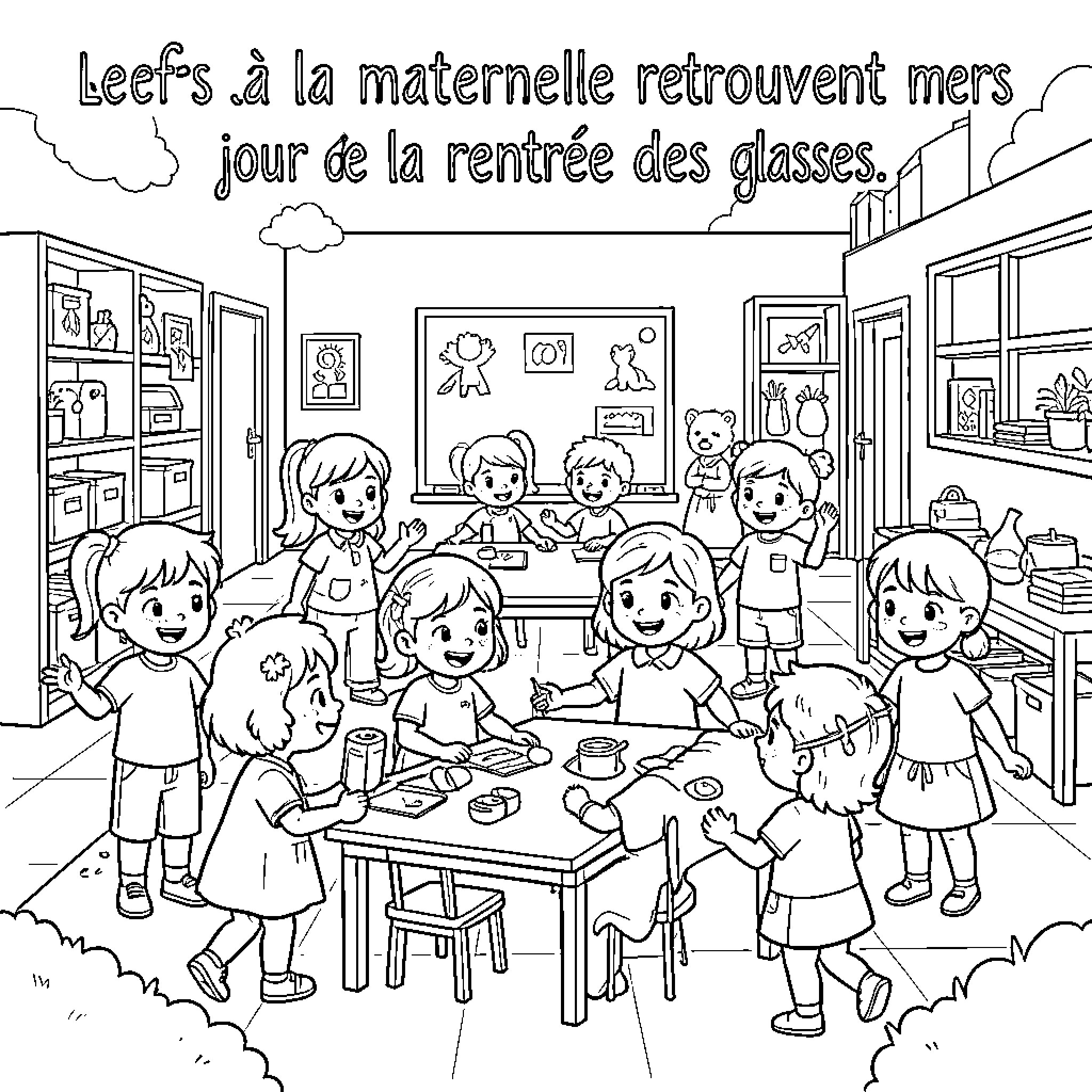 School children interacting happily around classroom tables Coloring Page (free black-and-white line drawing printable PDF for all, from beginners to advanced learners, including children, teens, adults, and seniors)