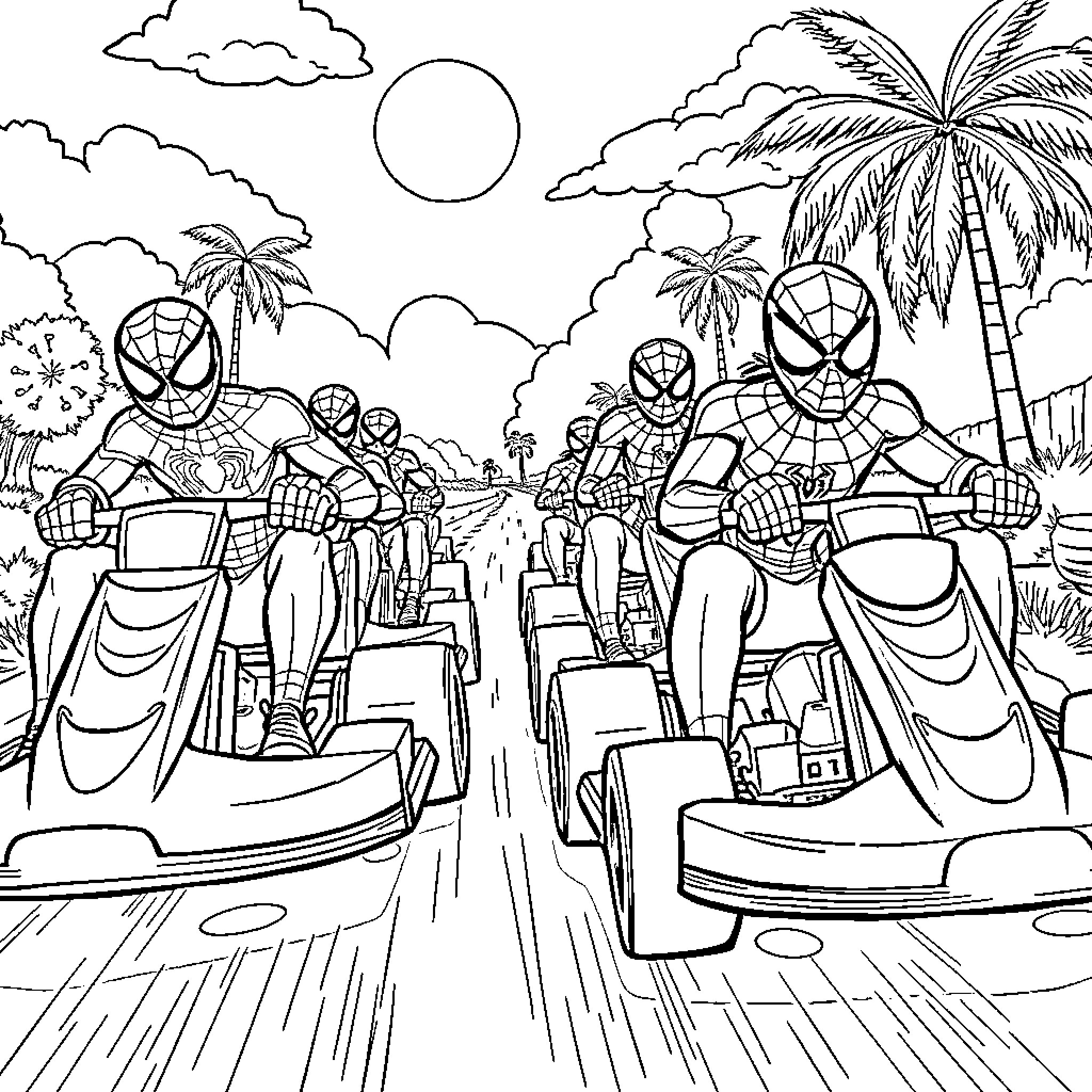 Spidey gang enjoying a tropical getaway Coloring Page (free black-and-white line drawing printable PDF for all, from beginners to advanced learners, including children, teens, adults, and seniors)