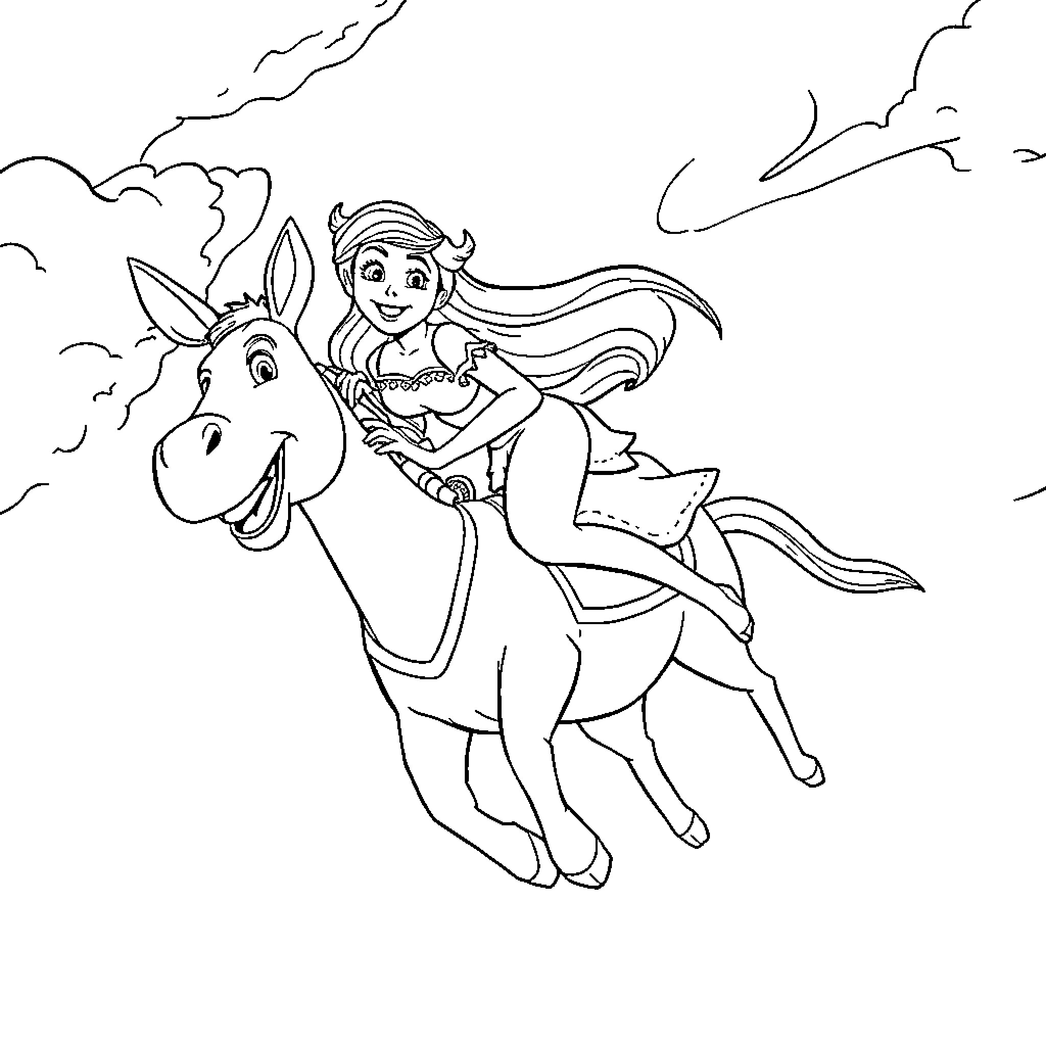 Princess riding a horse in the clouds Coloring Page (free black-and-white line drawing printable PDF for all, from beginners to advanced learners, including children, teens, adults, and seniors)