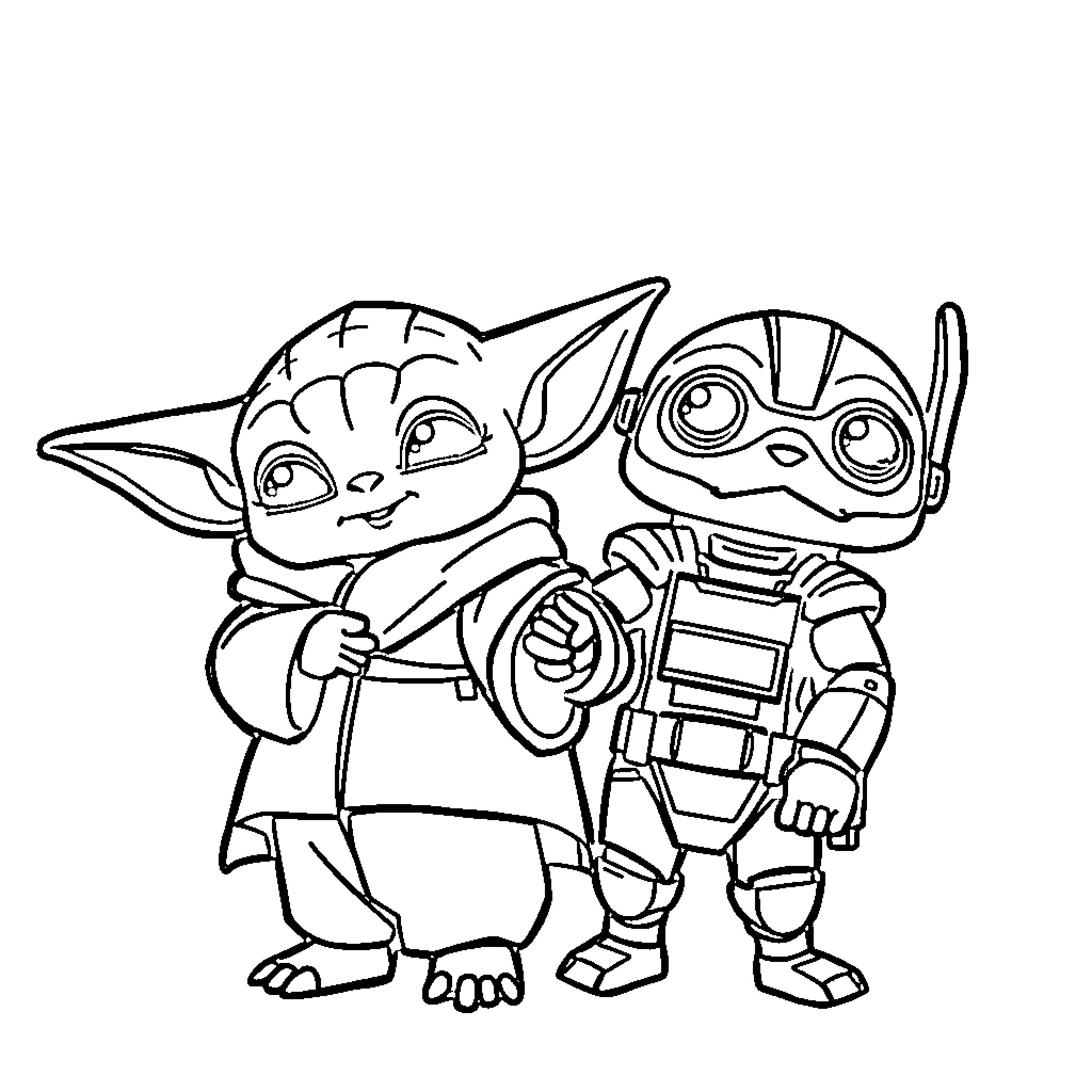 Yoda and Robot Companion on Adventure Coloring Page (free black-and-white line drawing printable PDF for all, from beginners to advanced learners, including children, teens, adults, and seniors)