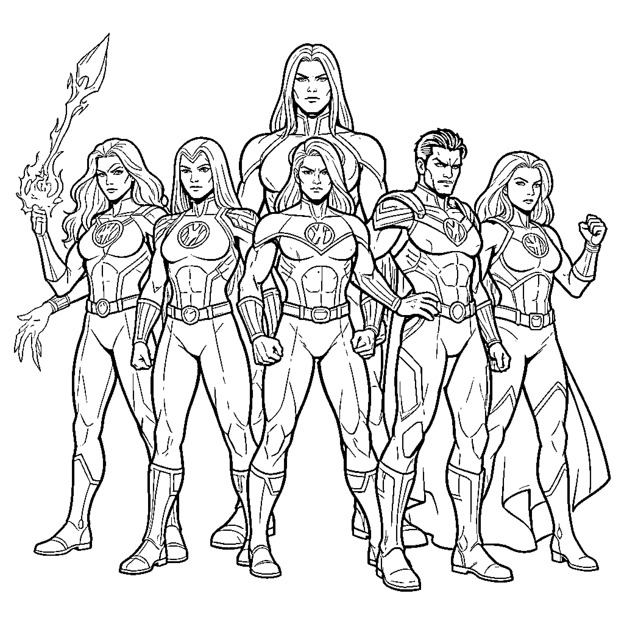 X-Men Superheroes in Action Poses and Uniforms Coloring Page (free black-and-white line drawing printable PDF for all, from beginners to advanced learners, including children, teens, adults, and seniors)