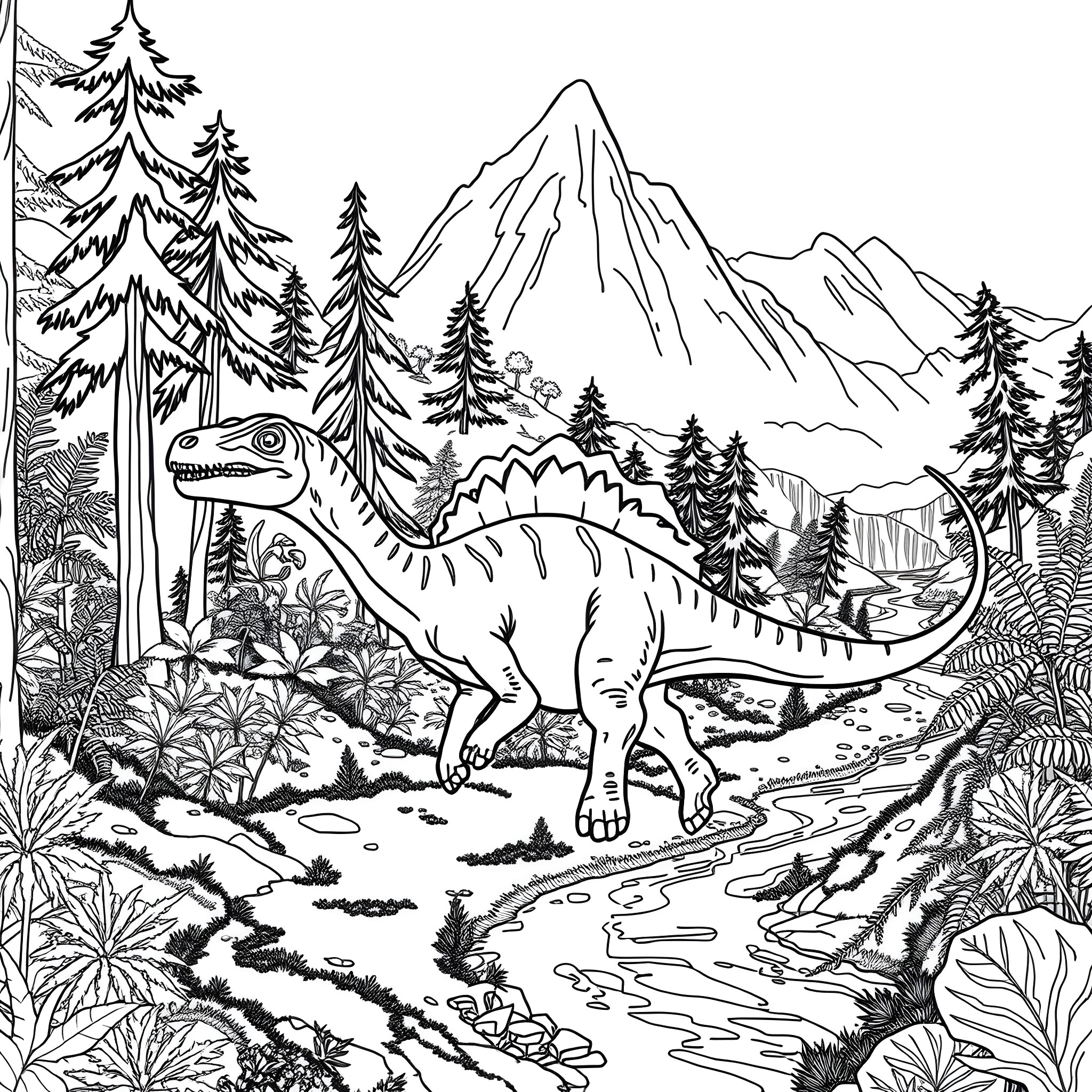 Prontosaurus dinosaur exploring lush prehistoric landscape Coloring Page (free black-and-white line drawing printable PDF for all, from beginners to advanced learners, including children, teens, adults, and seniors)