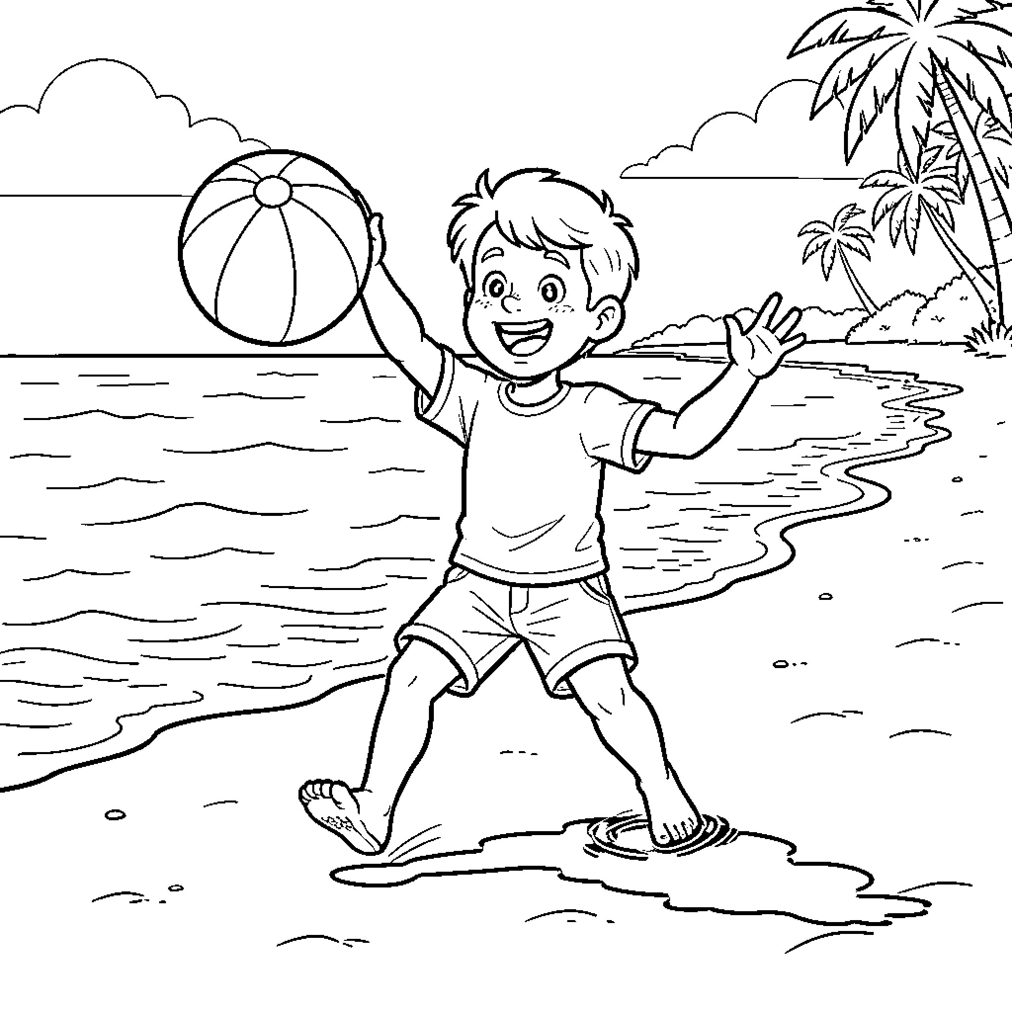 Mackey playing joyfully with beach ball on sandy shore Coloring Page (free black-and-white line drawing printable PDF for all, from beginners to advanced learners, including children, teens, adults, and seniors)