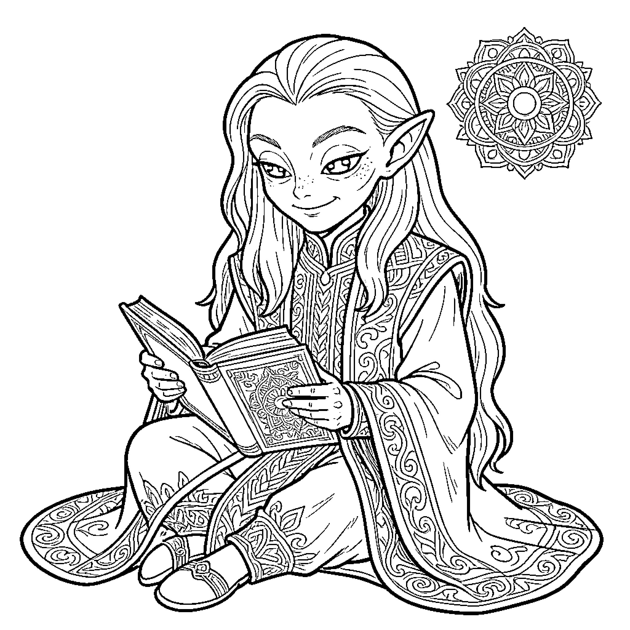 Alien character sitting and reading an ancient book Coloring Page (free black-and-white line drawing printable PDF for all, from beginners to advanced learners, including children, teens, adults, and seniors)