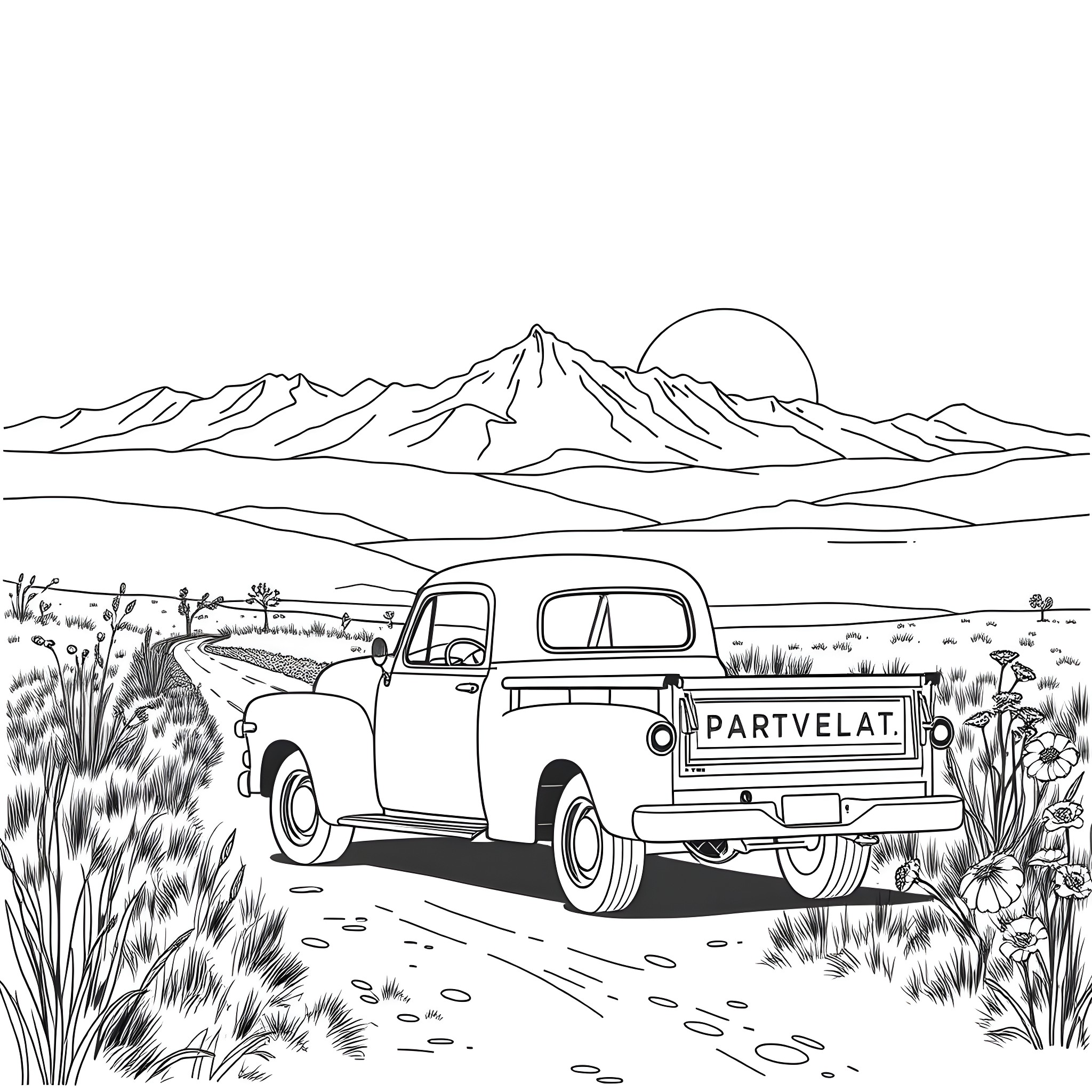 Truck parked in scenic mountain landscape Coloring Page (free black-and-white line drawing printable PDF for all, from beginners to advanced learners, including children, teens, adults, and seniors)