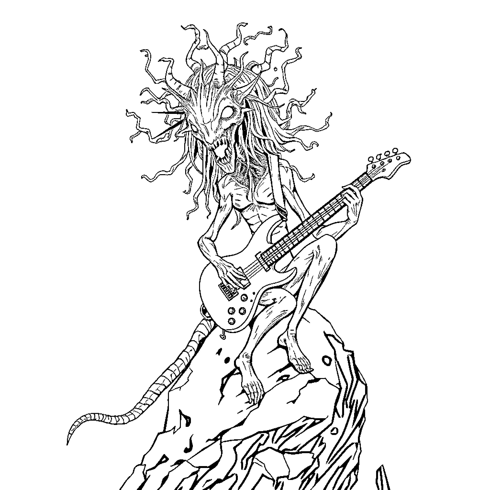 Sirenhead playing electric guitar on a rocky landscape Coloring Page (free black-and-white line drawing printable PDF for all, from beginners to advanced learners, including children, teens, adults, and seniors)