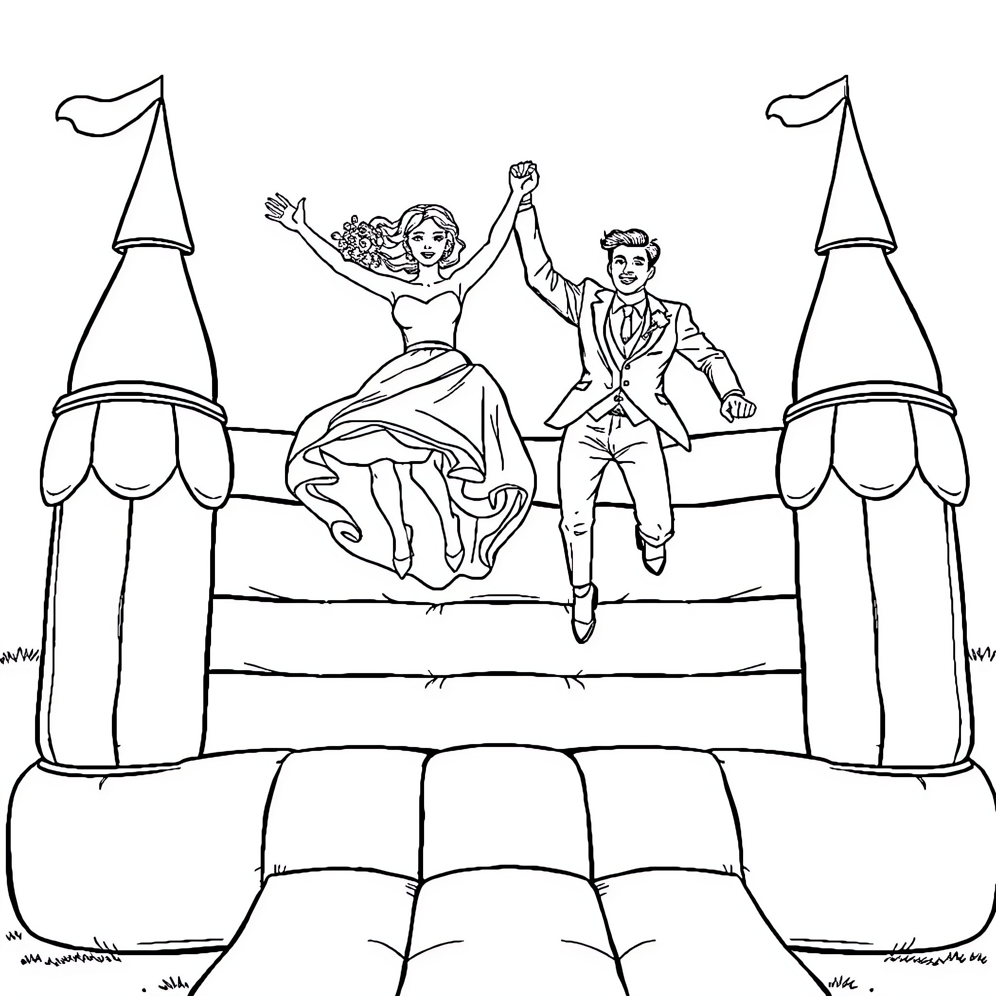 Bride and Groom Joyfully Celebrating on Wedding Stage Coloring Page (free black-and-white line drawing printable PDF for all, from beginners to advanced learners, including children, teens, adults, and seniors)