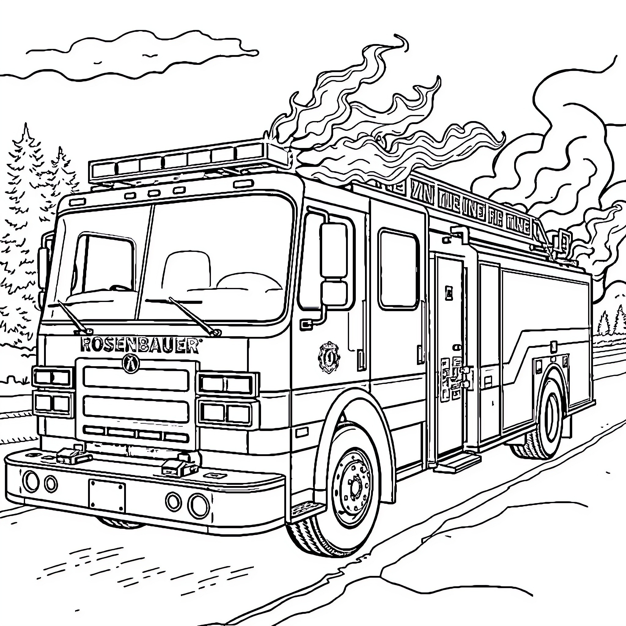 Fire Truck responding to emergency scene Coloring Page (free black-and-white line drawing printable PDF for all, from beginners to advanced learners, including children, teens, adults, and seniors)