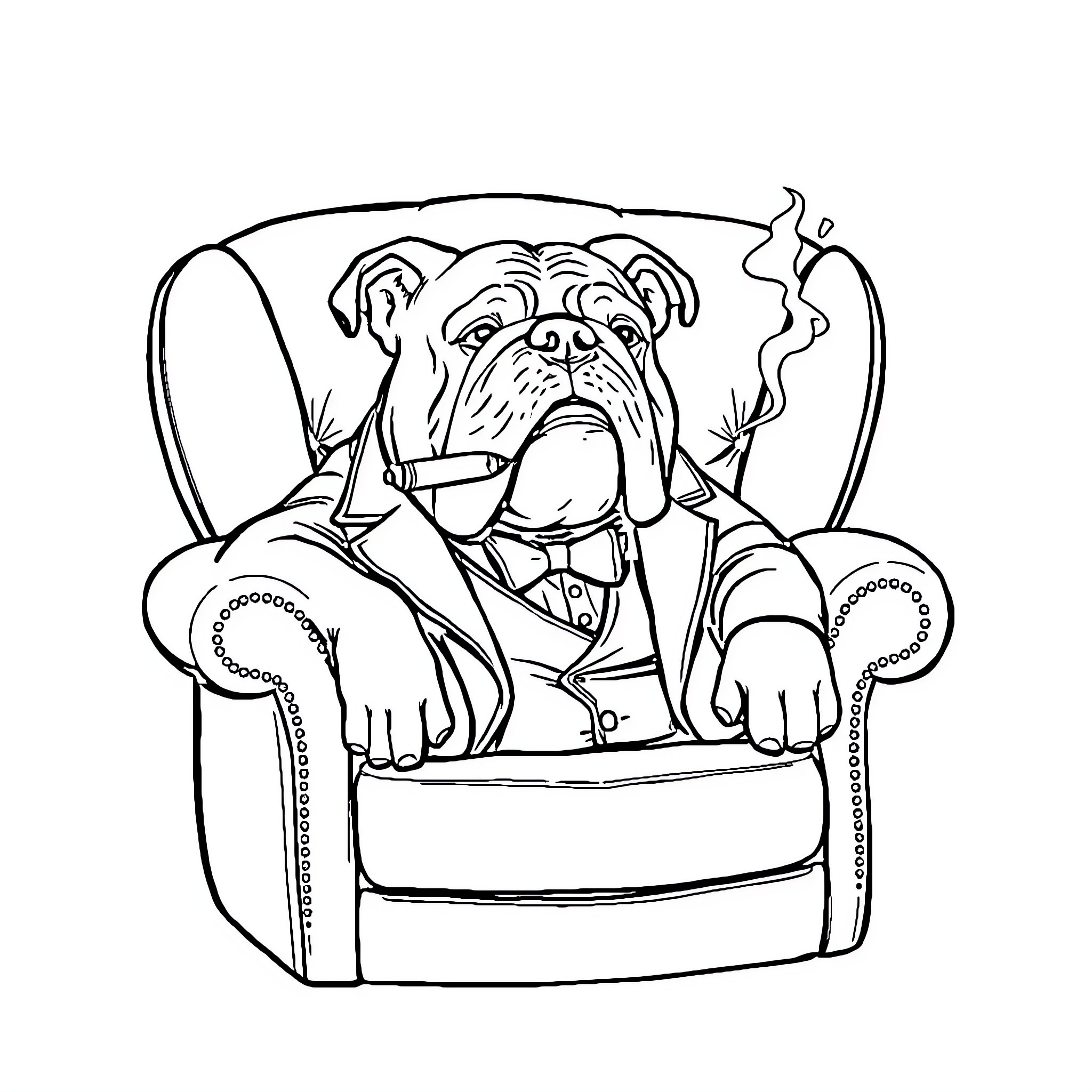 Bulldog relaxing in an armchair with a cigar Coloring Page (free black-and-white line drawing printable PDF for all, from beginners to advanced learners, including children, teens, adults, and seniors)