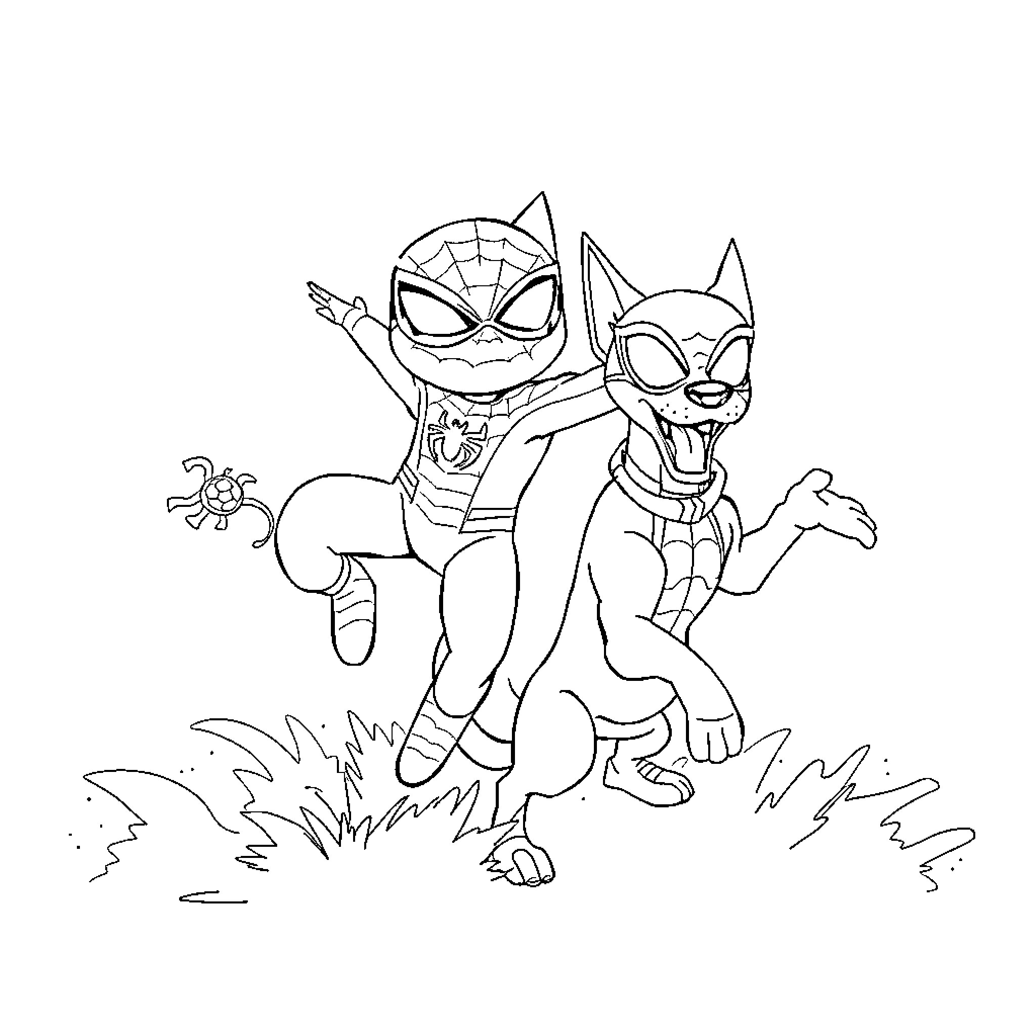 Chat of Superheroes in Playful Poses Coloring Page (free black-and-white line drawing printable PDF for all, from beginners to advanced learners, including children, teens, adults, and seniors)