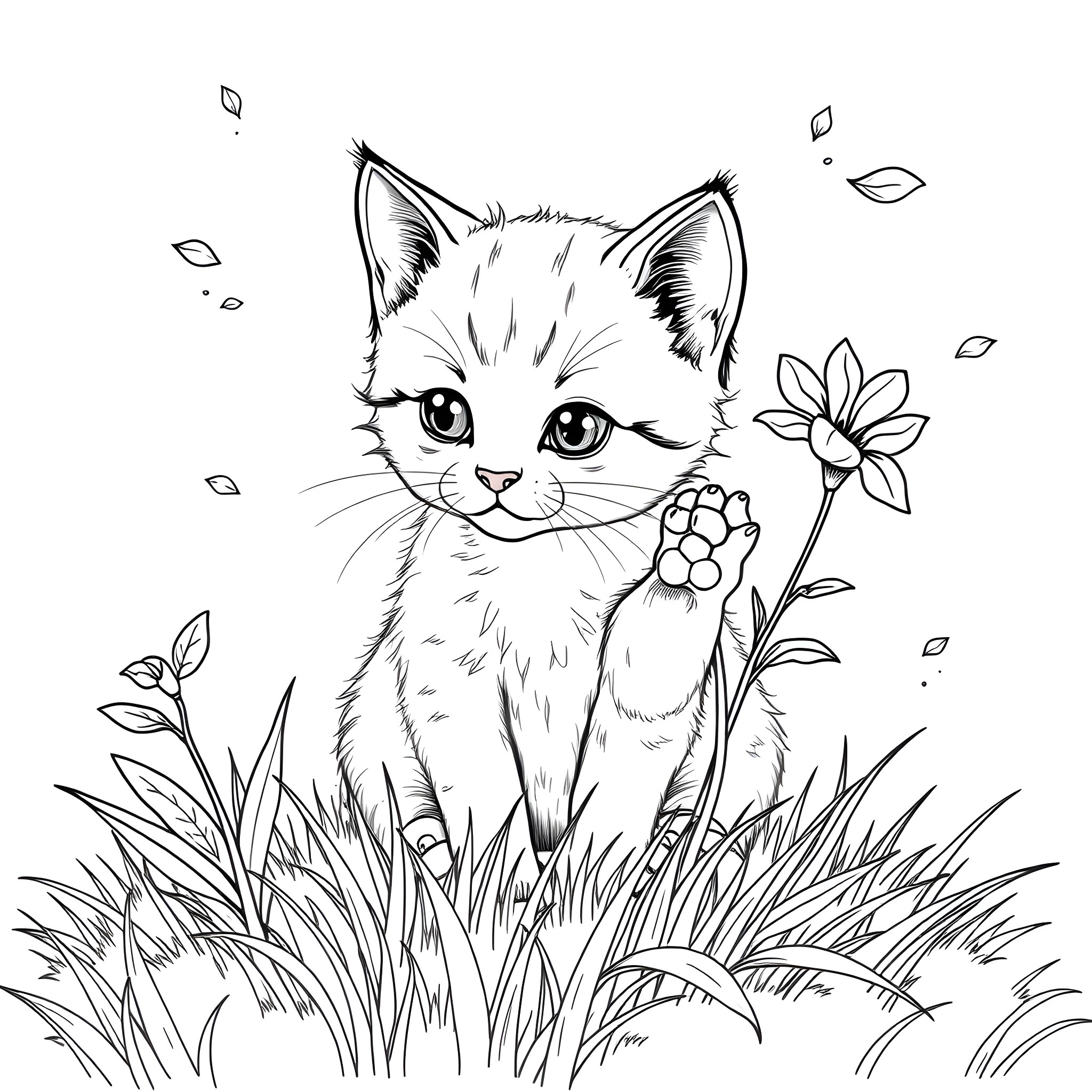 Kitty playing with flower in grassy field Coloring Page (free black-and-white line drawing printable PDF for all, from beginners to advanced learners, including children, teens, adults, and seniors)
