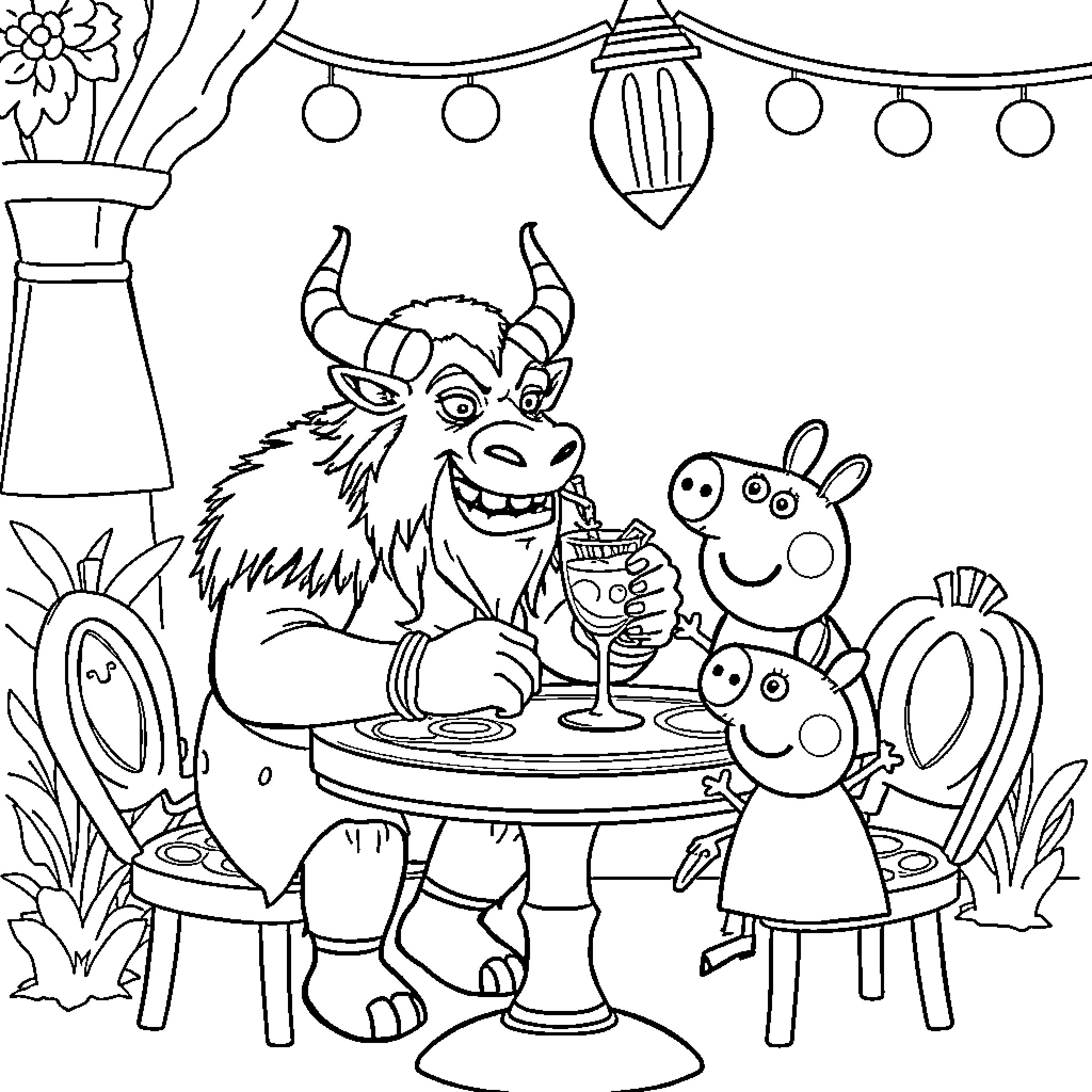 Tauren Enjoying Drinks with Friends in Festive Garden Coloring Page (free black-and-white line drawing printable PDF for all, from beginners to advanced learners, including children, teens, adults, and seniors)