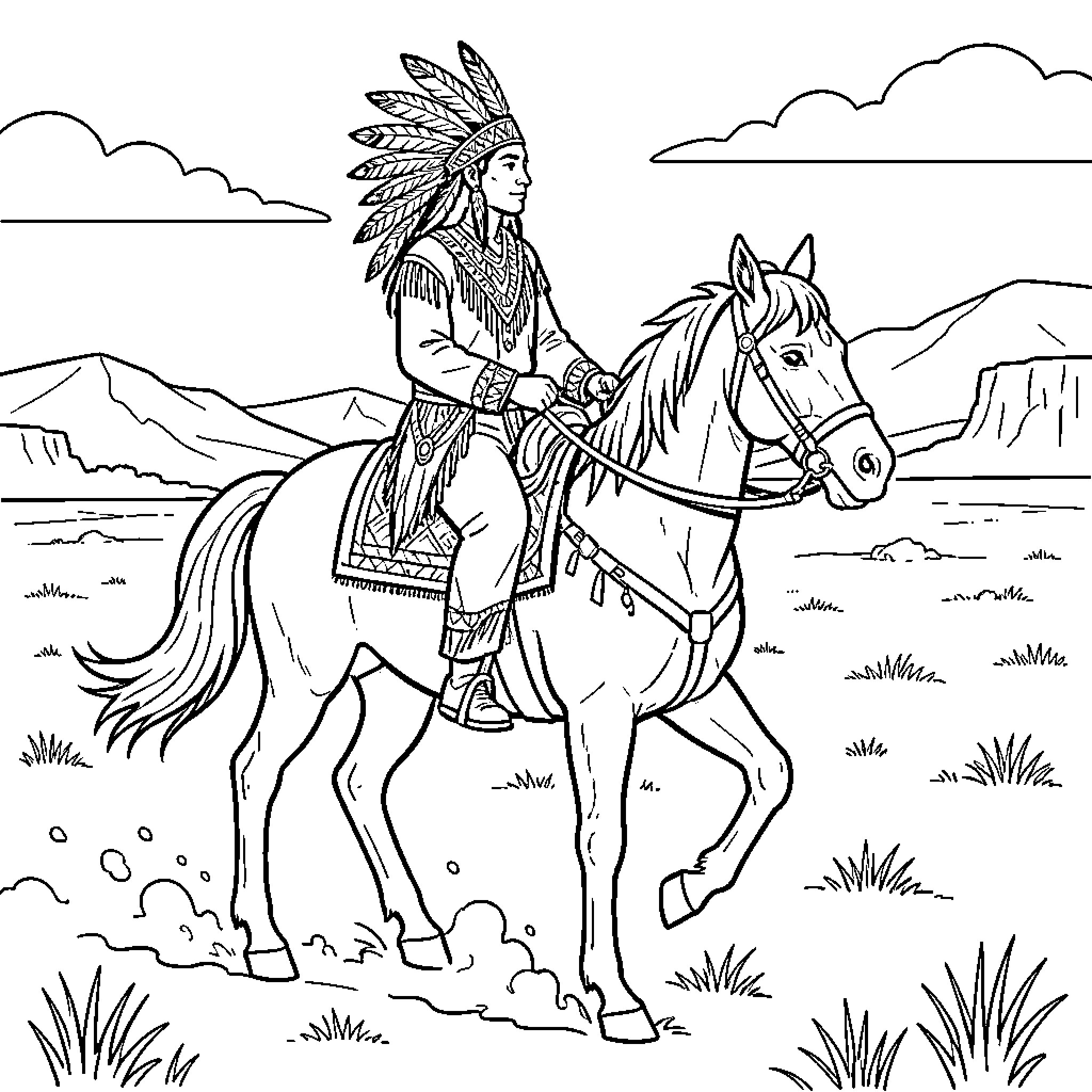 American Indian warrior riding a horse through the landscape Coloring Page (free black-and-white line drawing printable PDF for all, from beginners to advanced learners, including children, teens, adults, and seniors)