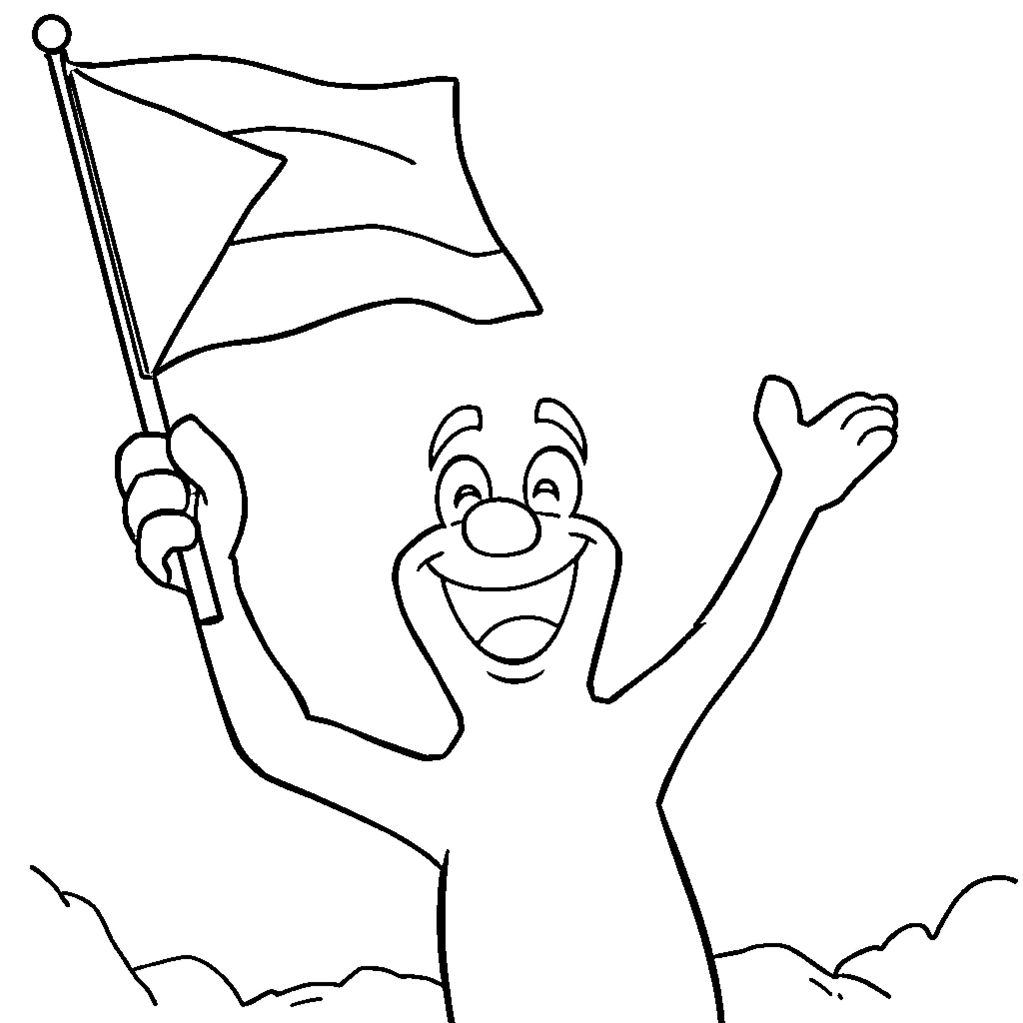 Blippi waving flag and cheering joyfully Coloring Page (free black-and-white line drawing printable PDF for all, from beginners to advanced learners, including children, teens, adults, and seniors)
