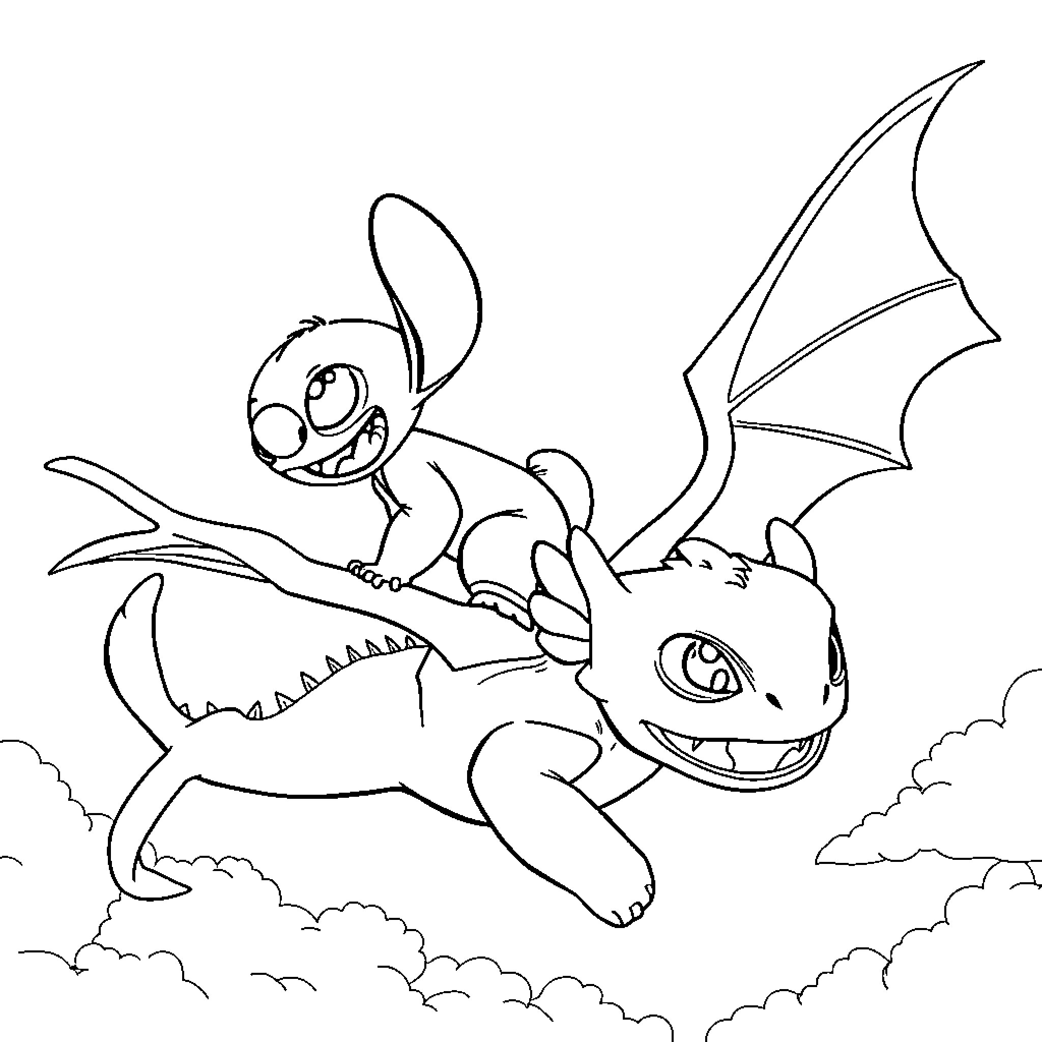 Stitch riding a dragon through the clouds Coloring Page (free black-and-white line drawing printable PDF for all, from beginners to advanced learners, including children, teens, adults, and seniors)