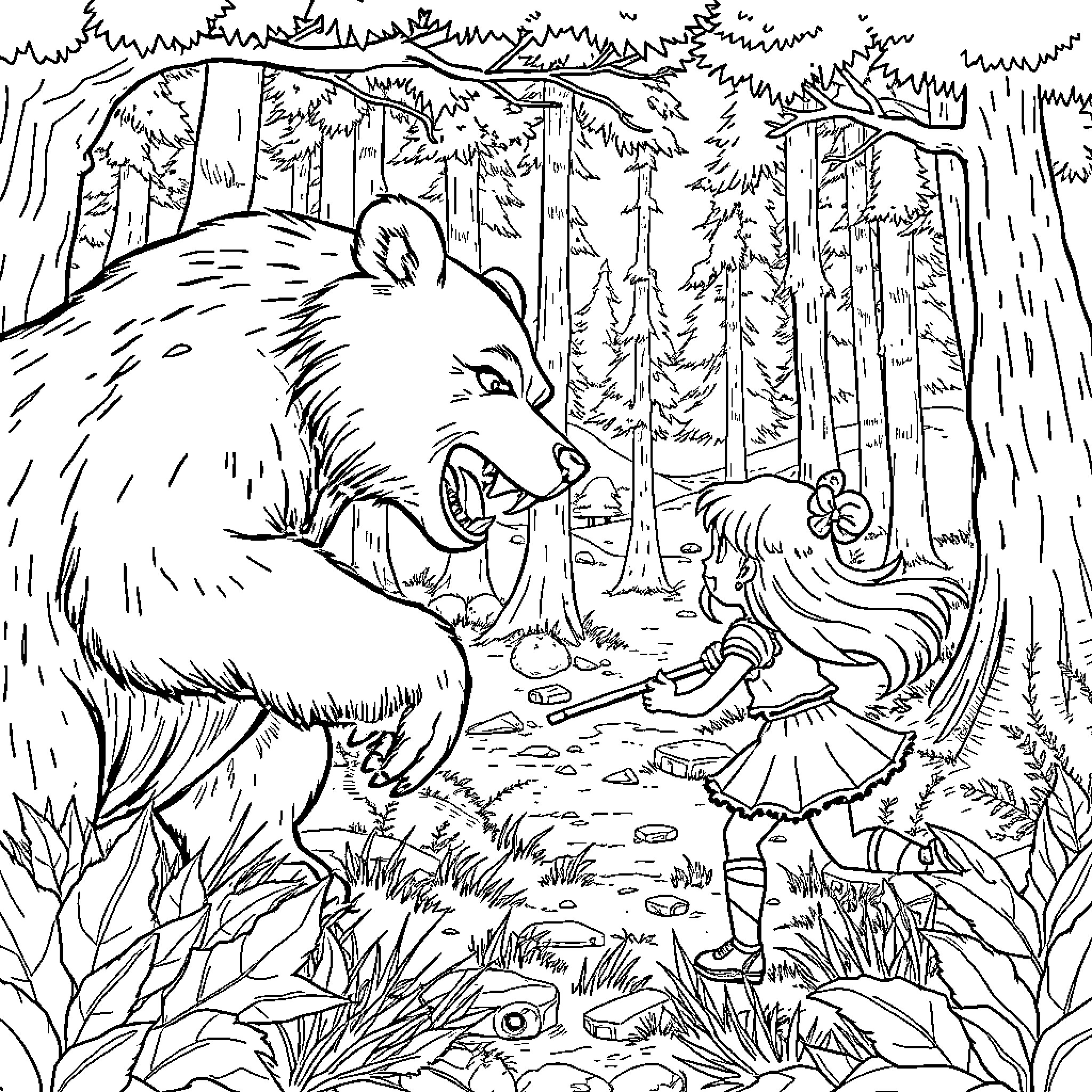 Chloe's Encounter with the Ferocious Forest Bear Coloring Page (free black-and-white line drawing printable PDF for all, from beginners to advanced learners, including children, teens, adults, and seniors)