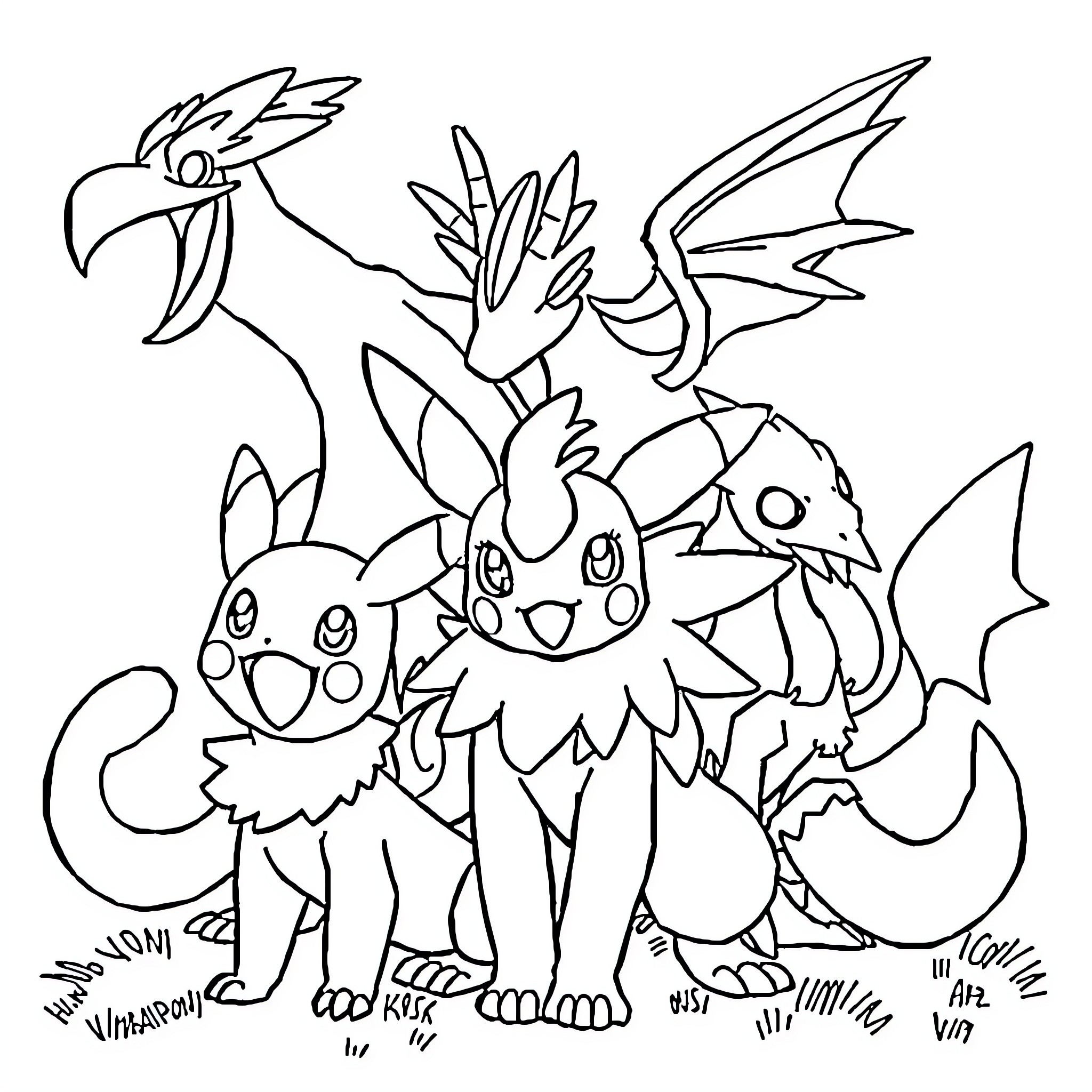 Pokémon characters posing in an animated scene Coloring Page (free black-and-white line drawing printable PDF for all, from beginners to advanced learners, including children, teens, adults, and seniors)