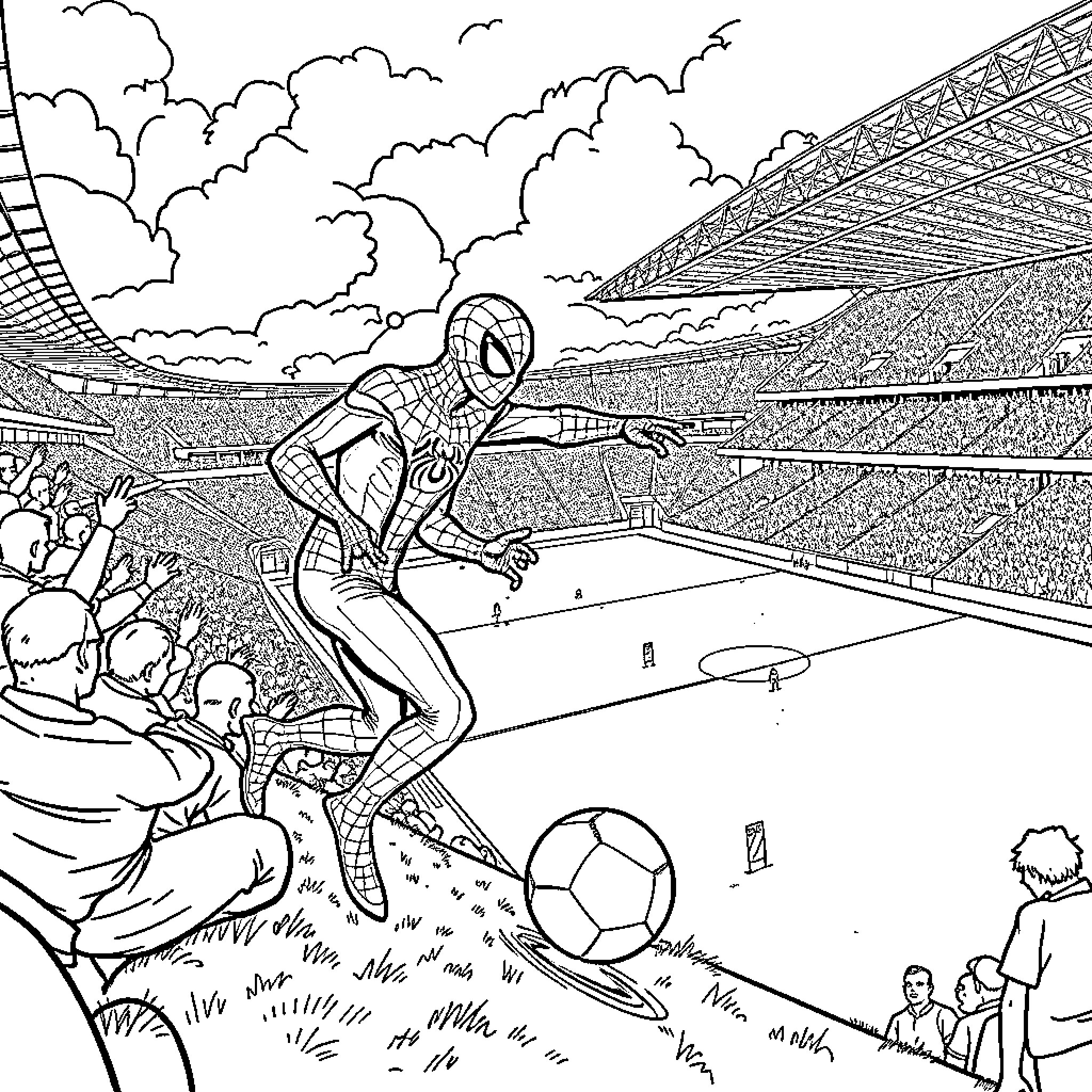 Spiderman playing soccer in a crowded stadium Coloring Page (free black-and-white line drawing printable PDF for all, from beginners to advanced learners, including children, teens, adults, and seniors)